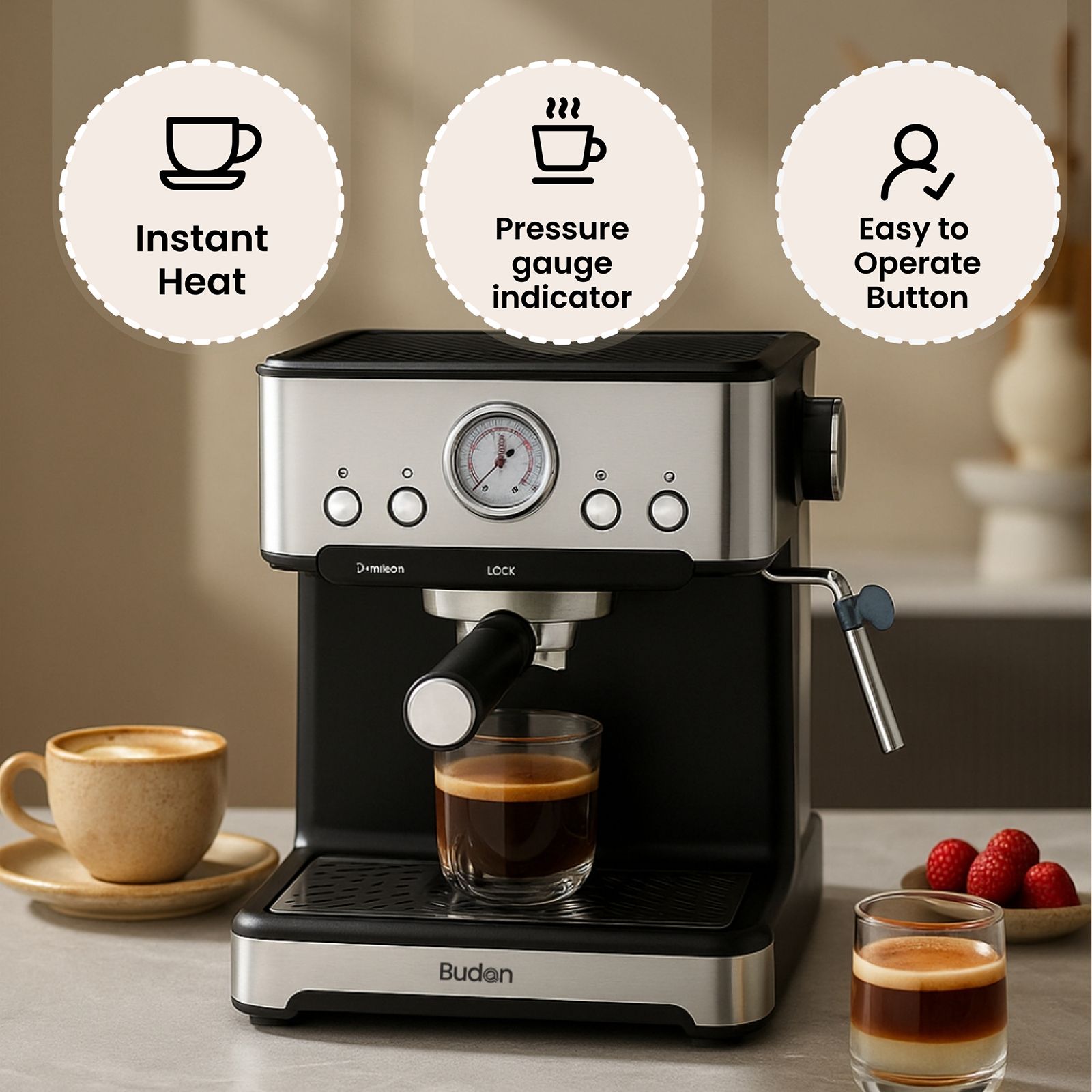 Budan BUD-Classic Semi-Automatic Coffee Maker with Pressure Gauge Indicator (Silver & Black)_7