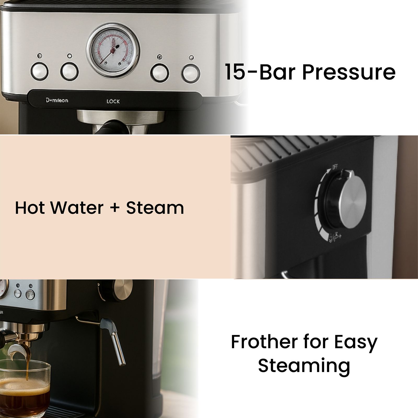 Budan BUD-Classic Semi-Automatic Coffee Maker with Pressure Gauge Indicator (Silver & Black)_8