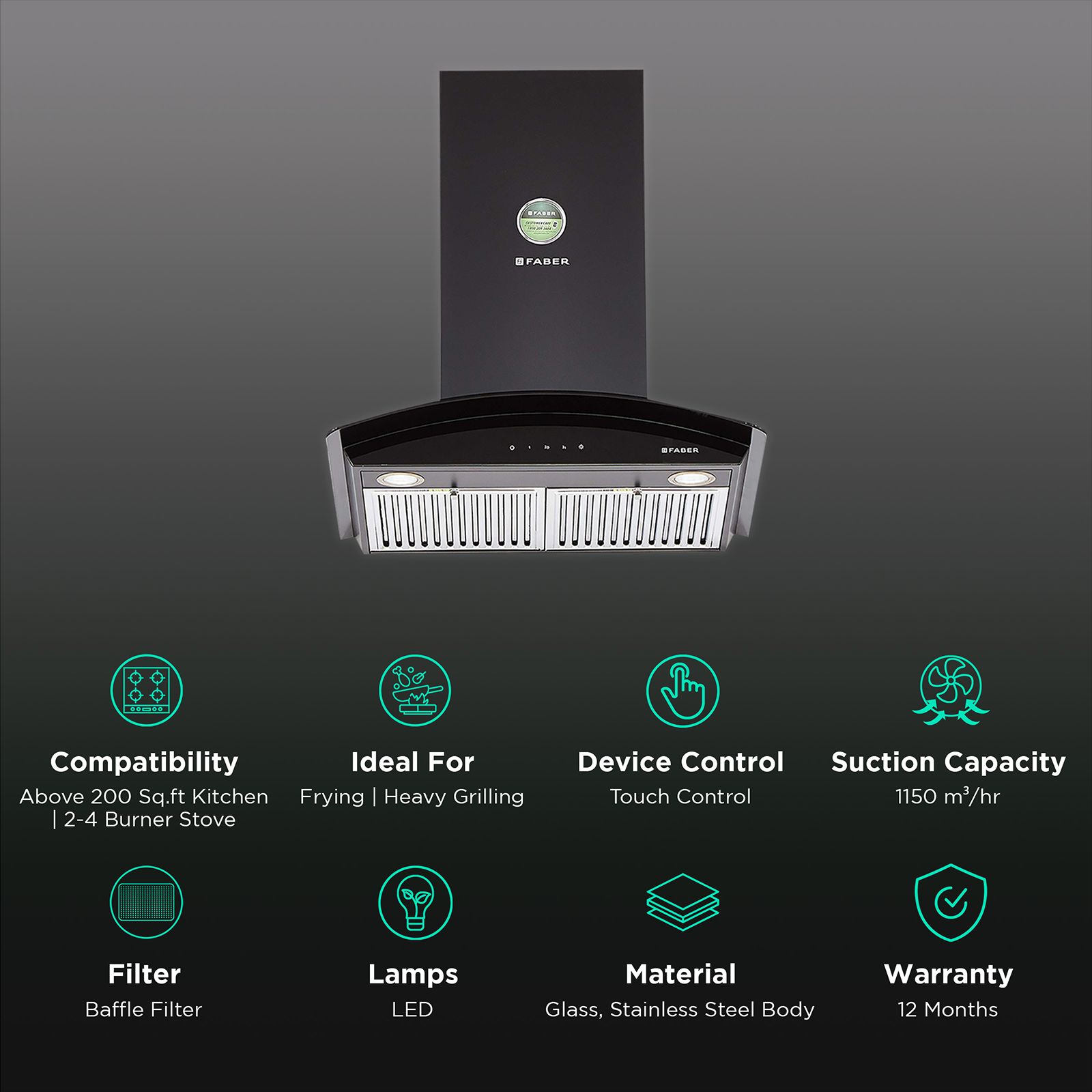 FABER FEEL PLUS 3D T2S2 BK TC LTW 60cm 1150m3/hr Ducted Wall Mounted Chimney with Touch Control Panel (Black) FABER FEEL PLUS 3D T2S2 BK TC LTW 60cm 1150m3/hr Ducted Wall Mounted Chimney with Touch Control Panel (Black)_3