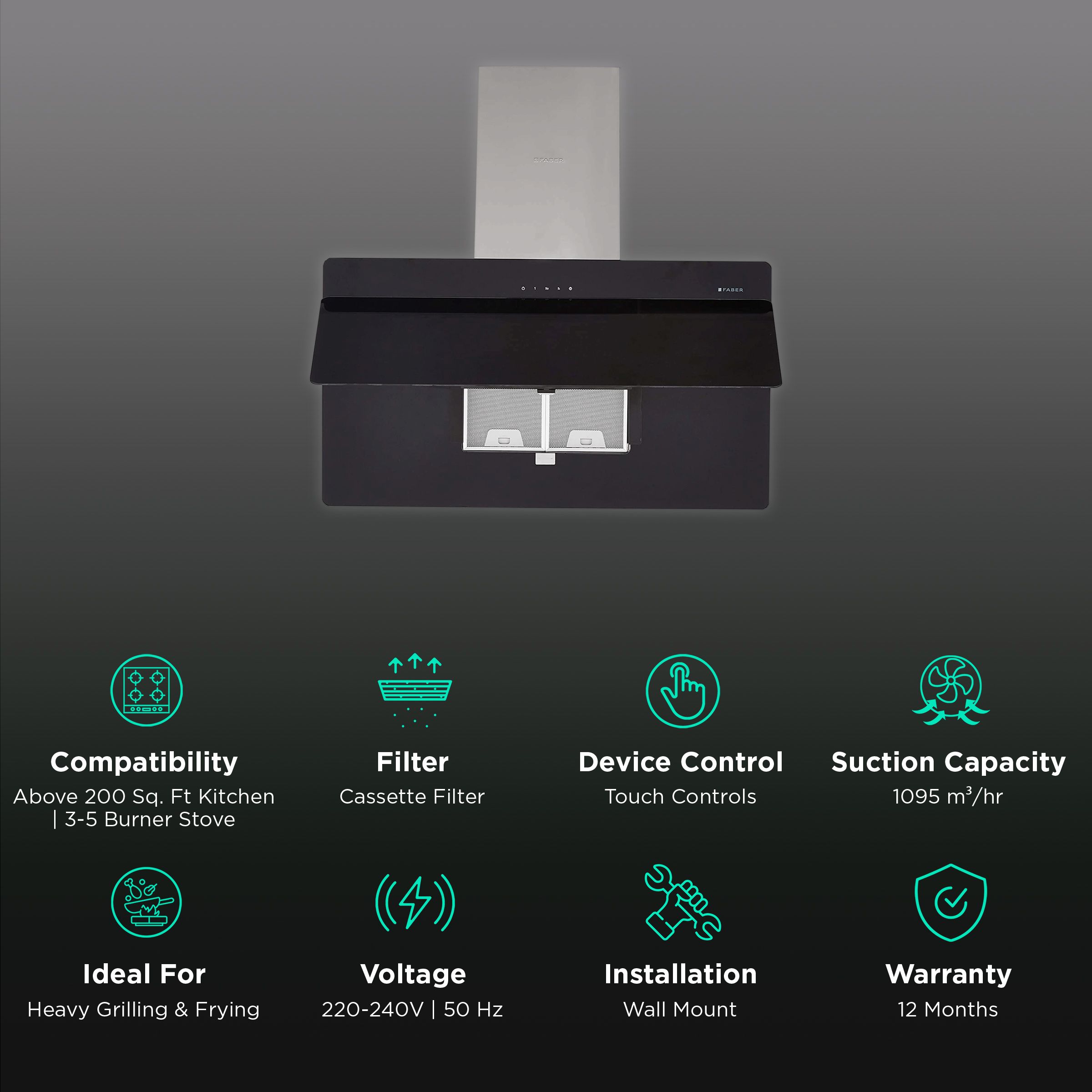 FABER COCKTAIL 3D T2S2 BK TC LTW 90cm 1095m3/hr Ducted Wall Mounted Chimney with Touch Control Panel (Black) FABER COCKTAIL 3D T2S2 BK TC LTW 90cm 1095m3/hr Ducted Wall Mounted Chimney with Touch Control Panel (Black)_3