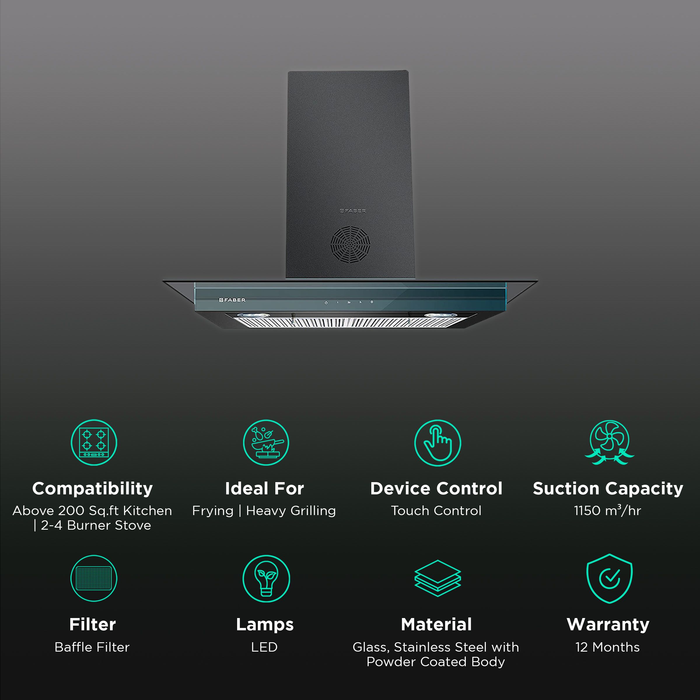 FABER SUPER 3D PLUS T2S2 BK TC LTW 60cm 1150m3/hr Ducted Wall Mounted Chimney with Touch Control Panel (Black)_3