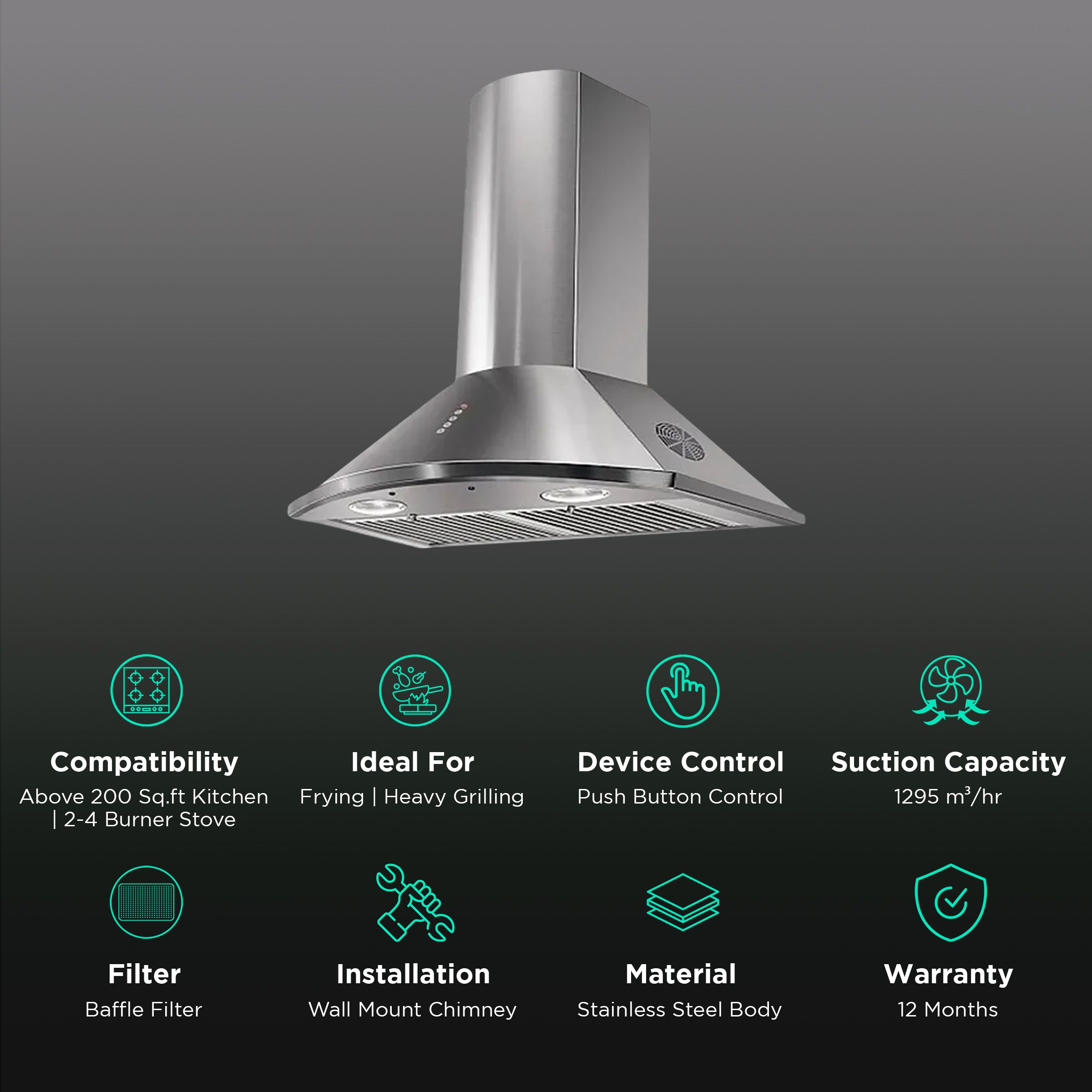 FABER TENDER 3D T2S2 MAX LTW 60cm 1295m3/hr Ducted Wall Mounted Chimney with Push Buttons Control (Silver)_3