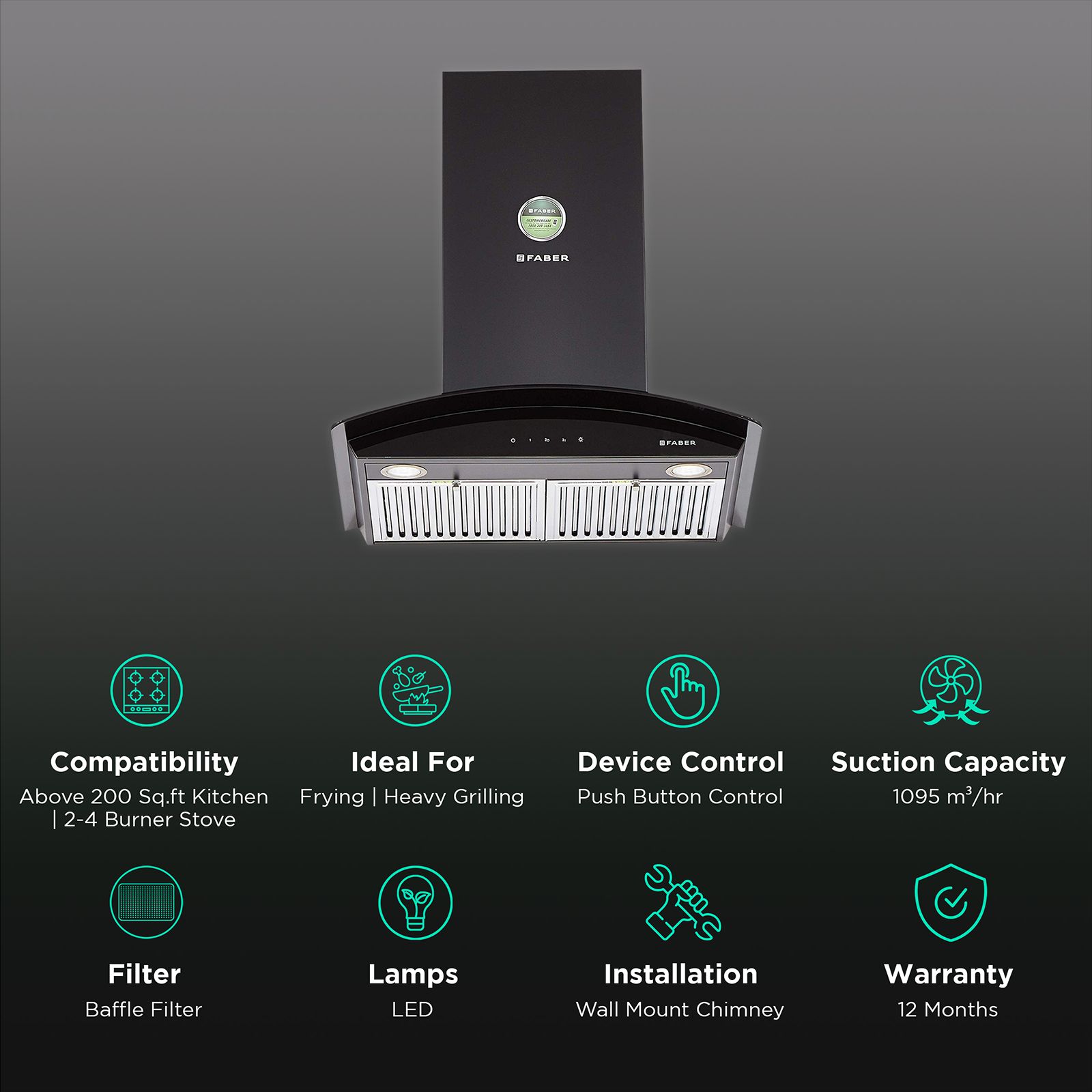 FABER FEEL 3D T2S2 BK LTW 60cm 1095m3/hr Ducted Wall Mounted Chimney with Push Button Control (Black) FABER FEEL 3D T2S2 BK LTW 60cm 1095m3/hr Ducted Wall Mounted Chimney with Push Button Control (Black)_3