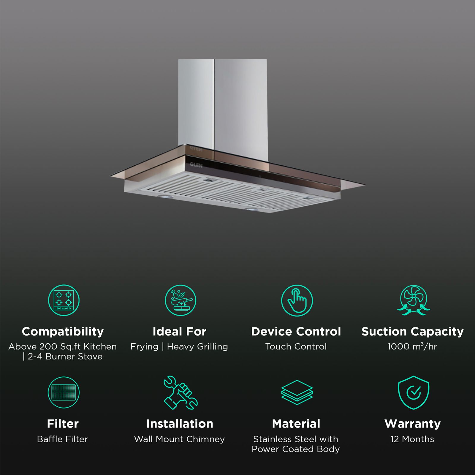 GLEN 6062 SX TS 60cm 1000m3/hr Ducted Wall Mounted Chimney with Touch Sensor Control (Silver)_3