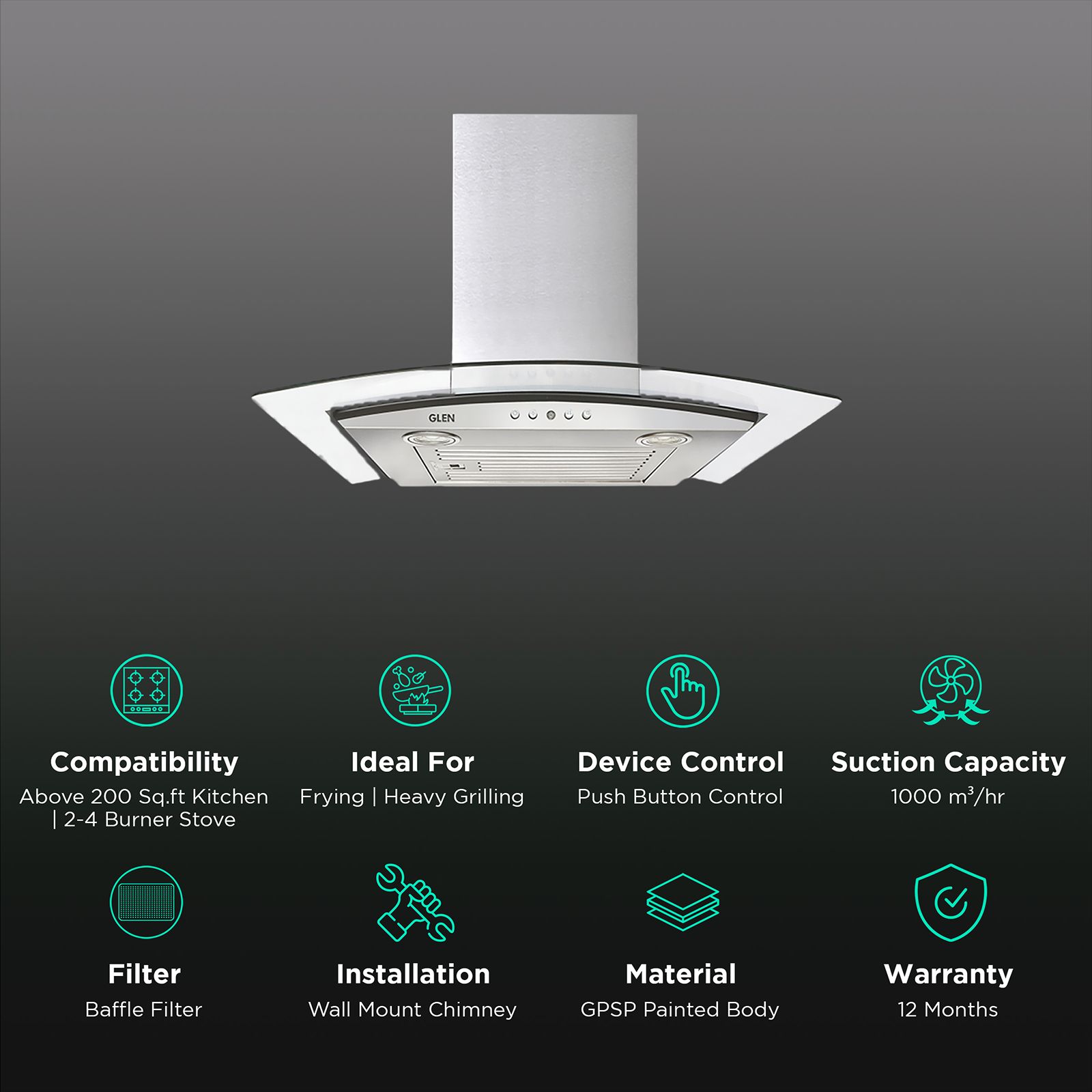 GLEN 6071 EX 60cm 1000m3/hr Ducted Wall Mounted Chimney with Push Button Control (Silver)_3