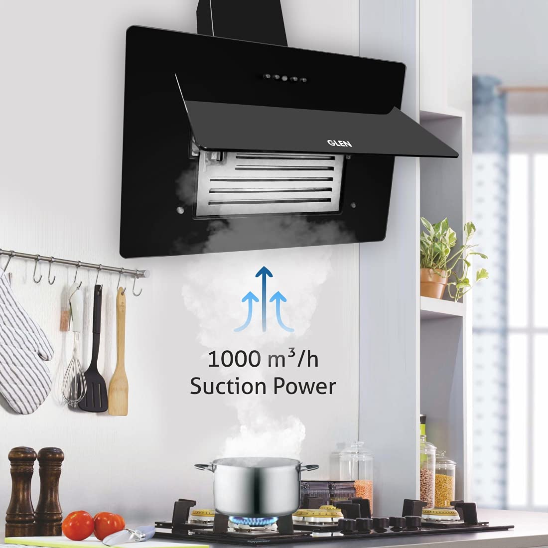 GLEN 6079 PB 60cm 1000m3/hr Ductless Wall Mounted Chimney with Push Button Control (Black)_7