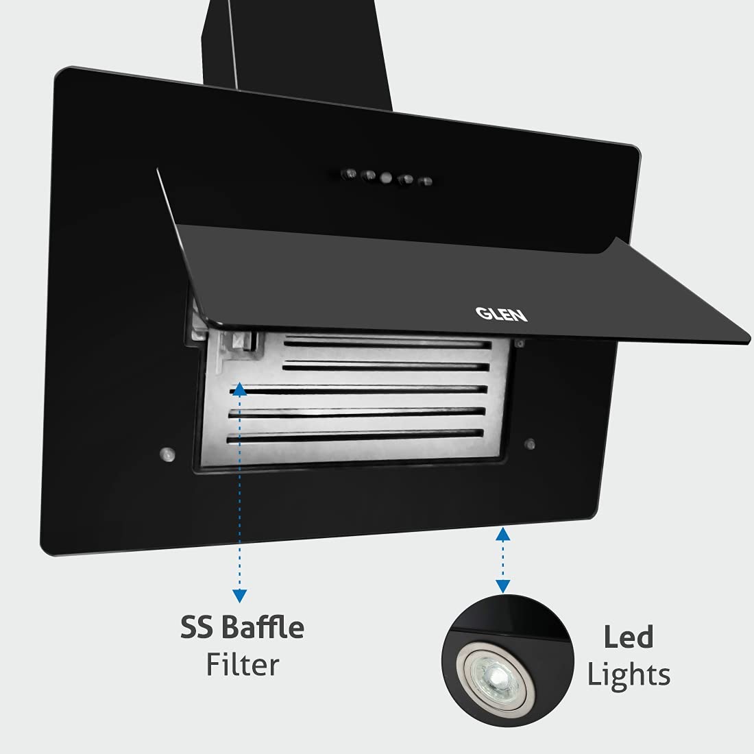 GLEN 6079 PB 60cm 1000m3/hr Ductless Wall Mounted Chimney with Push Button Control (Black)_5