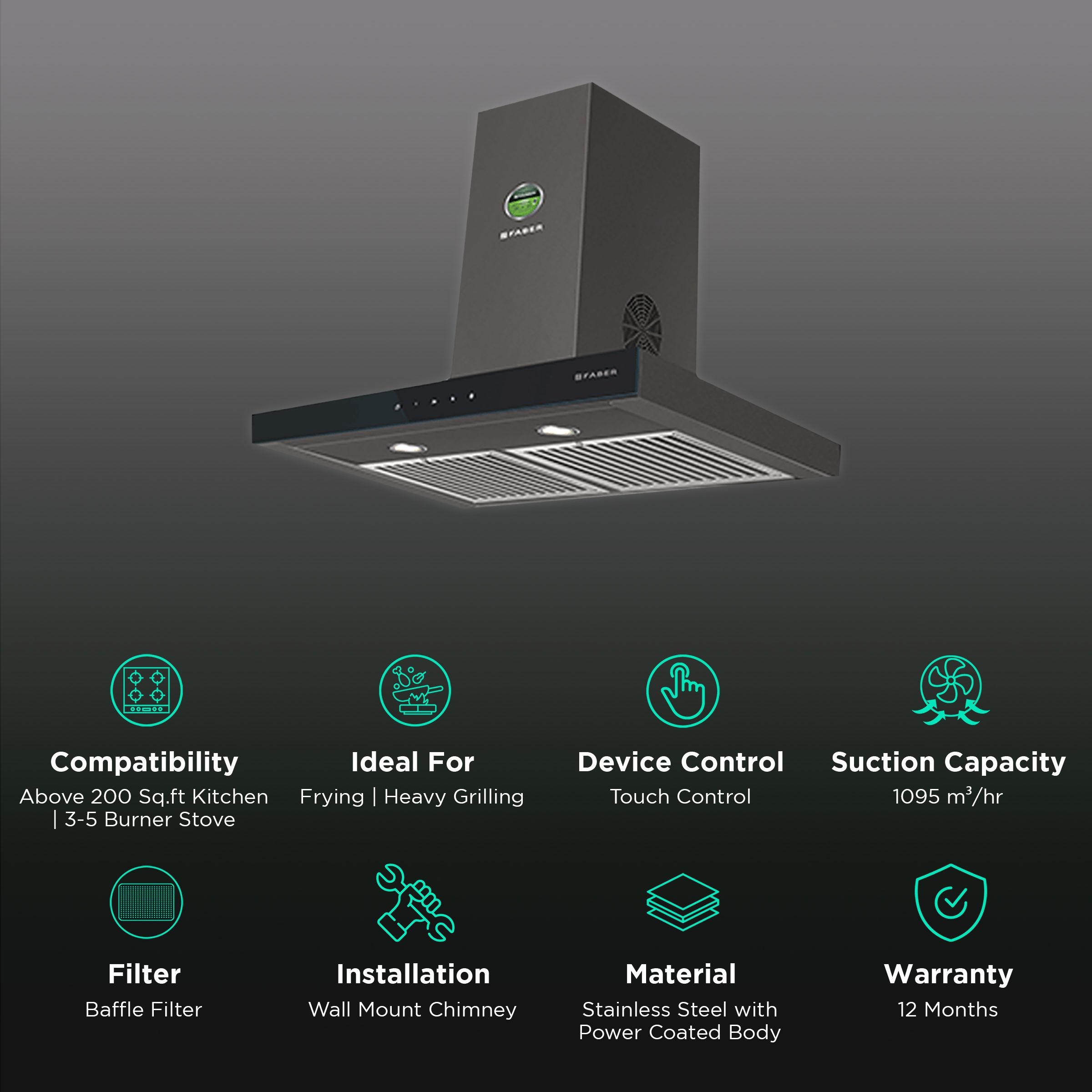 FABER STILUX 3D T2S2 BK TC LTW 90cm 1095m3/hr Ducted Wall Mounted Chimney with Touch Control Panel (Black) FABER STILUX 3D T2S2 BK TC LTW 90cm 1095m3/hr Ducted Wall Mounted Chimney with Touch Control Panel (Black)_3