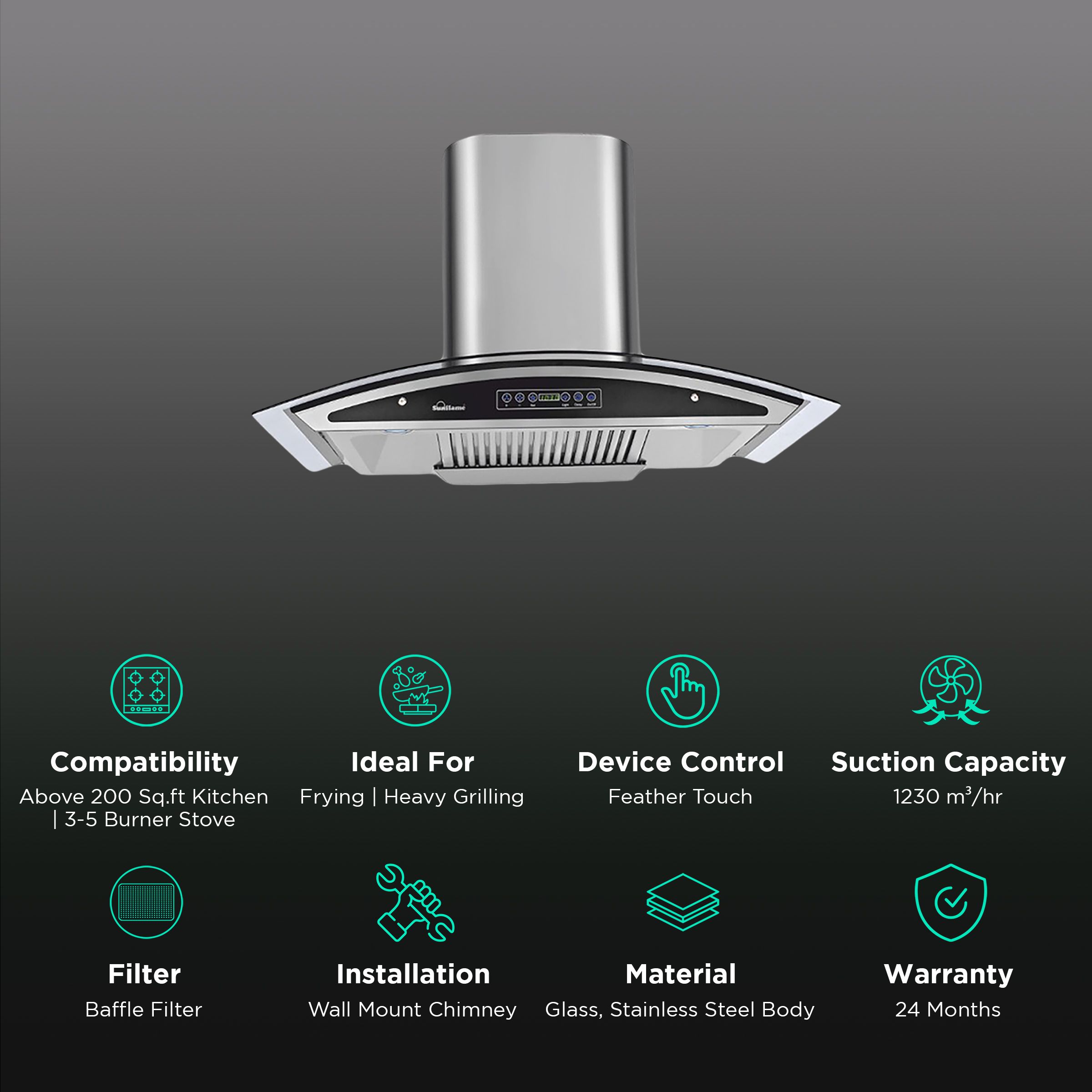 Sunflame Innova 90cm 1230m3/hr Ducted Auto Clean Wall Mounted Chimney with Feather Touch Controls (Black) Sunflame Innova 90cm 1230m3/hr Ducted Auto Clean Wall Mounted Chimney with Feather Touch Controls (Black)_3