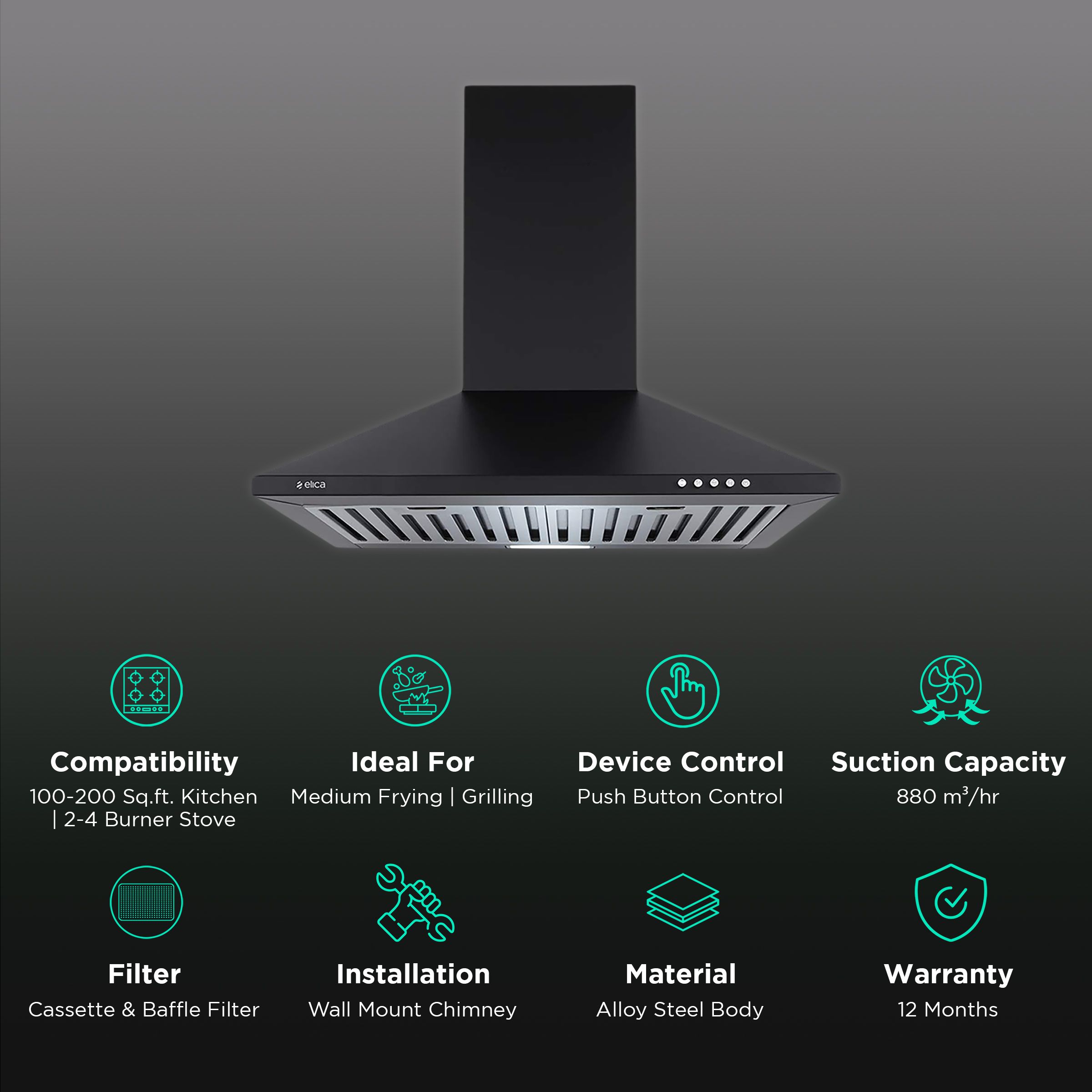 elica STRIP BF 60 NERO 60cm 880m3/hr Ducted Wall Mounted Chimney with Push Button Control (Black) elica STRIP BF 60 NERO 60cm 880m3/hr Ducted Wall Mounted Chimney with Push Button Control (Black)_3