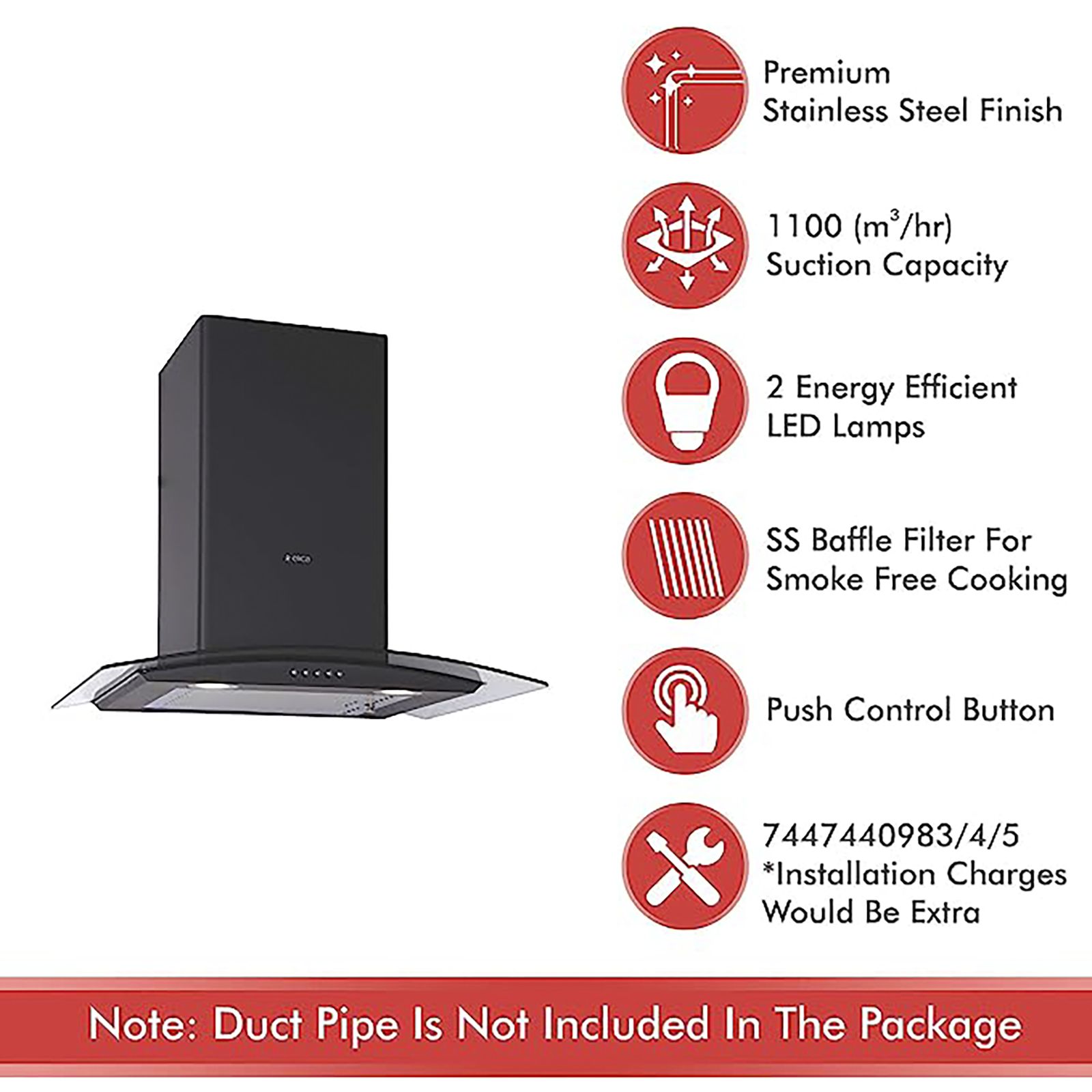 elica ESCG BF 60 NERO 60cm 1100m3/hr Ducted Wall Mounted Chimney with Push Button Control (Black) elica ESCG BF 60 NERO 60cm 1100m3/hr Ducted Wall Mounted Chimney with Push Button Control (Black)_9