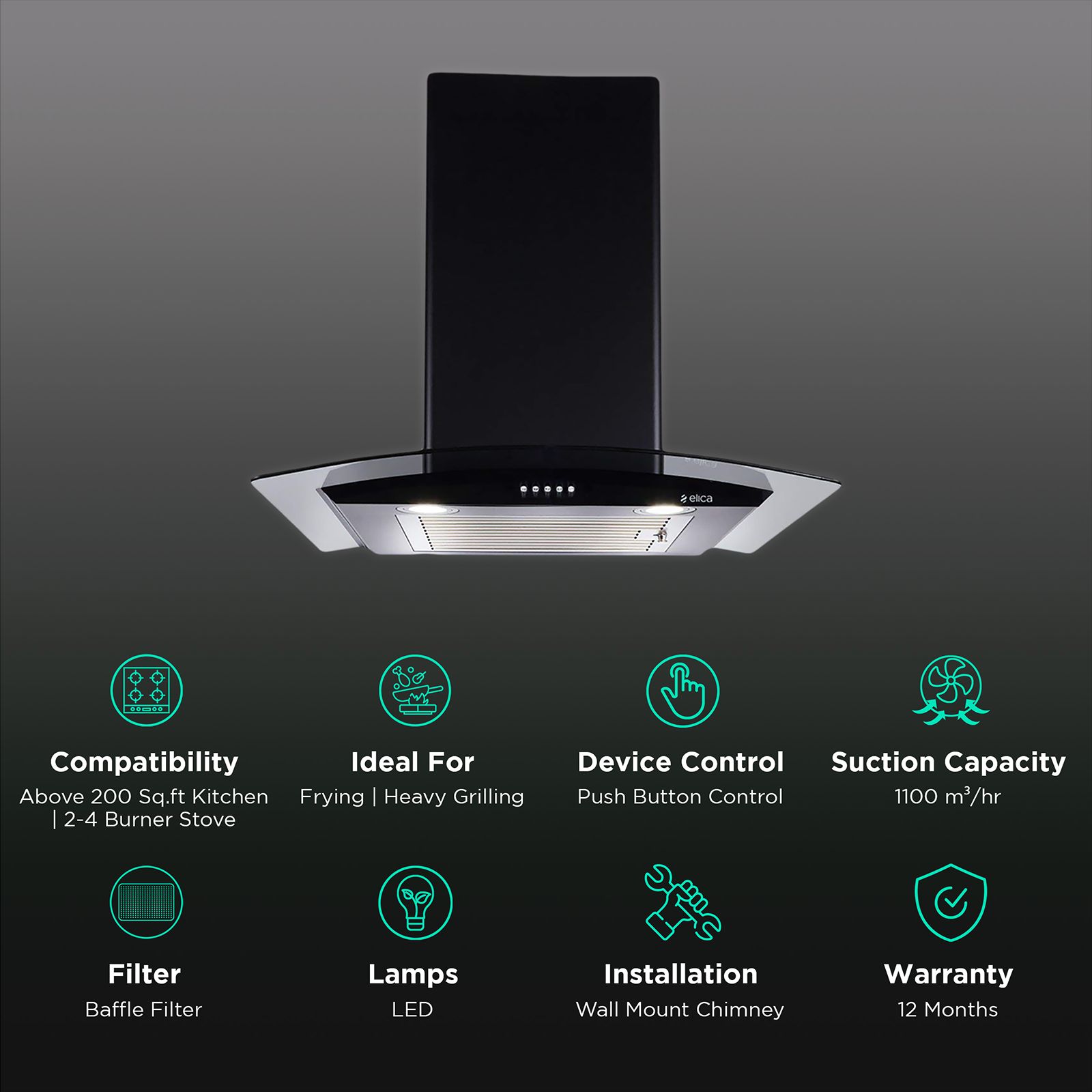 elica ESCG BF 60 NERO 60cm 1100m3/hr Ducted Wall Mounted Chimney with Push Button Control (Black) elica ESCG BF 60 NERO 60cm 1100m3/hr Ducted Wall Mounted Chimney with Push Button Control (Black)_3