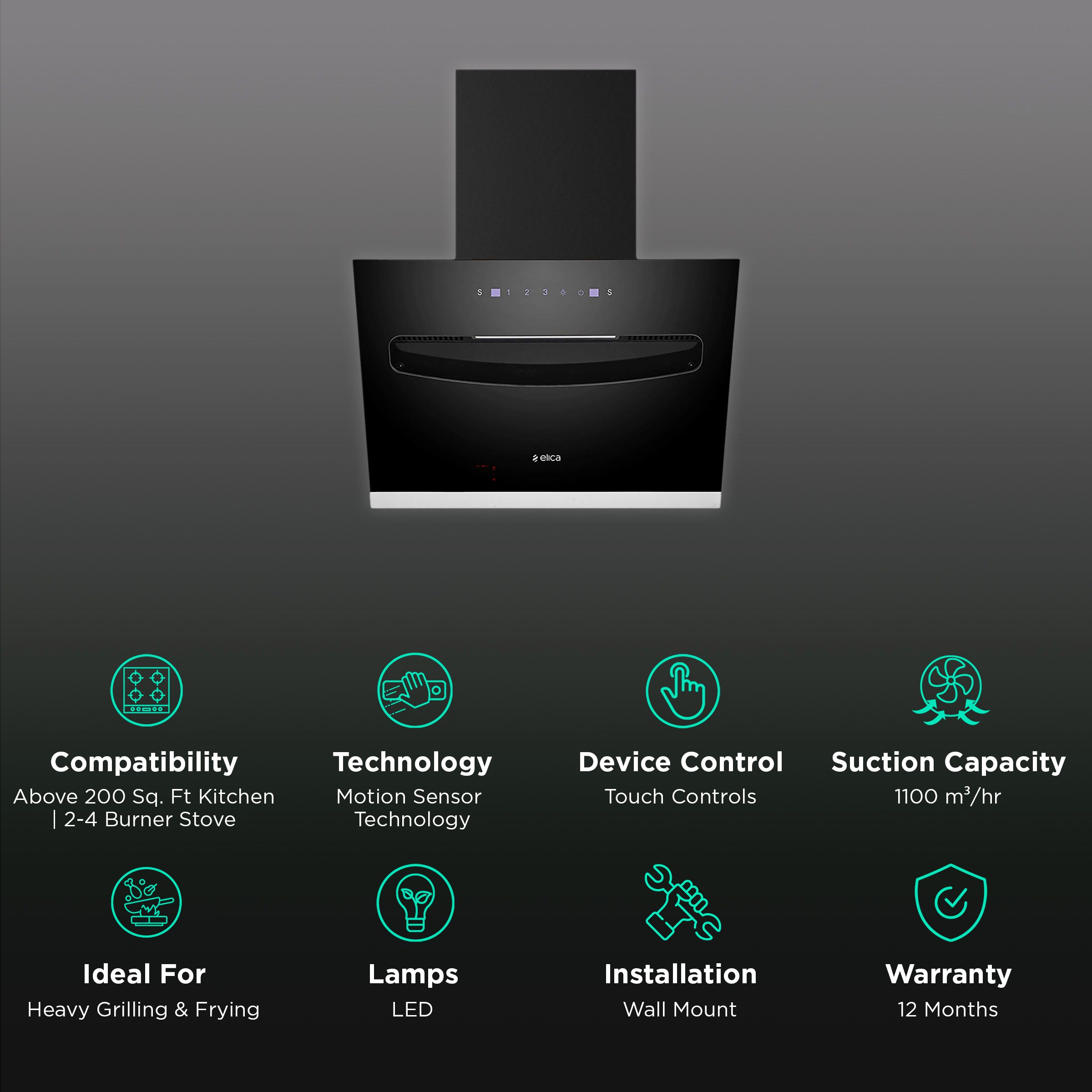 elica EFL S 607 VMS 60cm 1200m3/hr Ducted Auto Clean Wall Mounted Chimney with Touch Control Panel (Black) elica EFL S 607 VMS 60cm 1200m3/hr Ducted Auto Clean Wall Mounted Chimney with Touch Control Panel (Black)_3