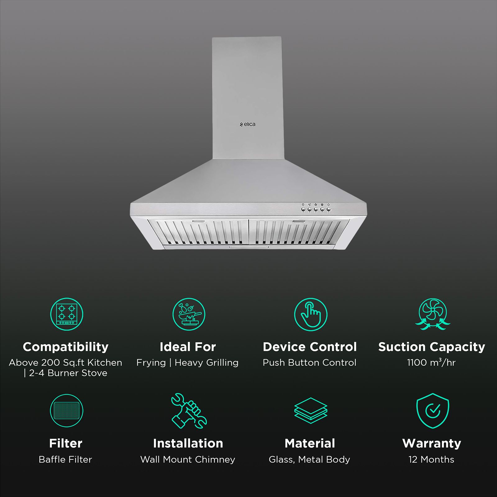 elica AH 260 BF SS 60cm 1100m3/hr Ducted Wall Mounted Chimney with Push Button Control (Silver) elica AH 260 BF SS 60cm 1100m3/hr Ducted Wall Mounted Chimney with Push Button Control (Silver)_3