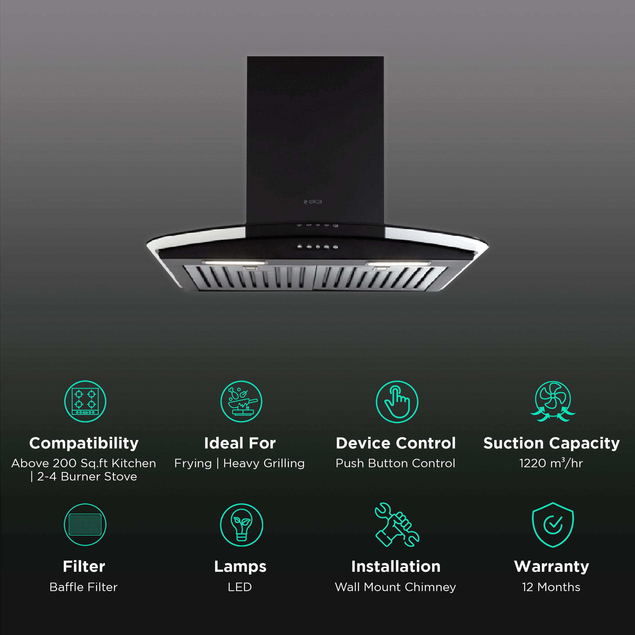 elica GLACE TF ETB PLUS LTW 60 NERO PB LED 60cm 1220m3/hr Ducted Wall Mounted Chimney with Push Button Control (Black) elica GLACE TF ETB PLUS LTW 60 NERO PB LED 60cm 1220m3/hr Ducted Wall Mounted Chimney with Push Button Control (Black)_3