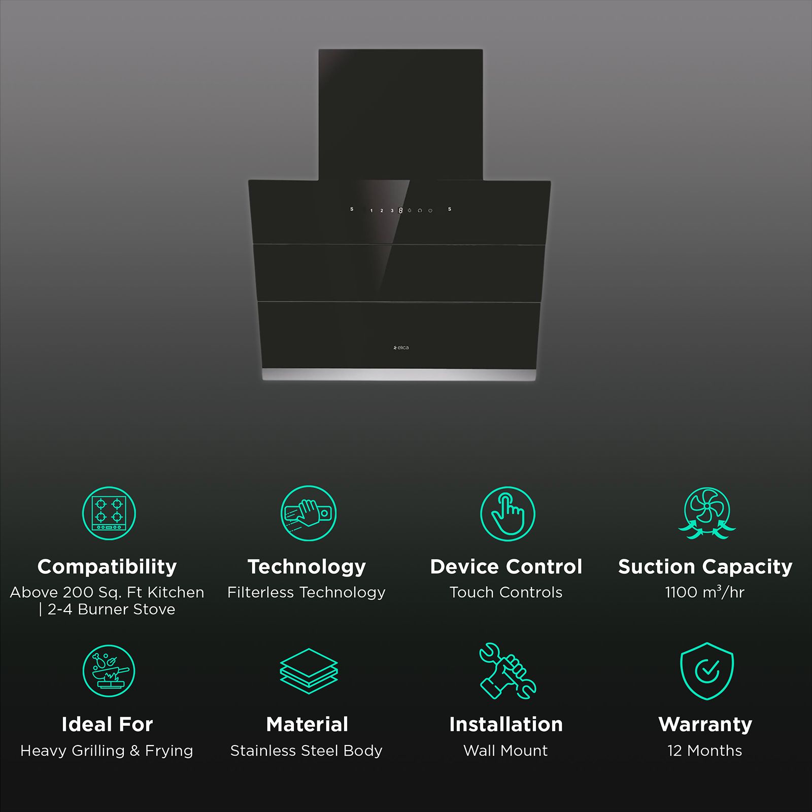 elica EFL S 601 HAC VMS 60cm 1100m3/hr Ducted Auto Clean Wall Mounted Chimney with Touch Control Panel (Black) elica EFL S 601 HAC VMS 60cm 1100m3/hr Ducted Auto Clean Wall Mounted Chimney with Touch Control Panel (Black)_3