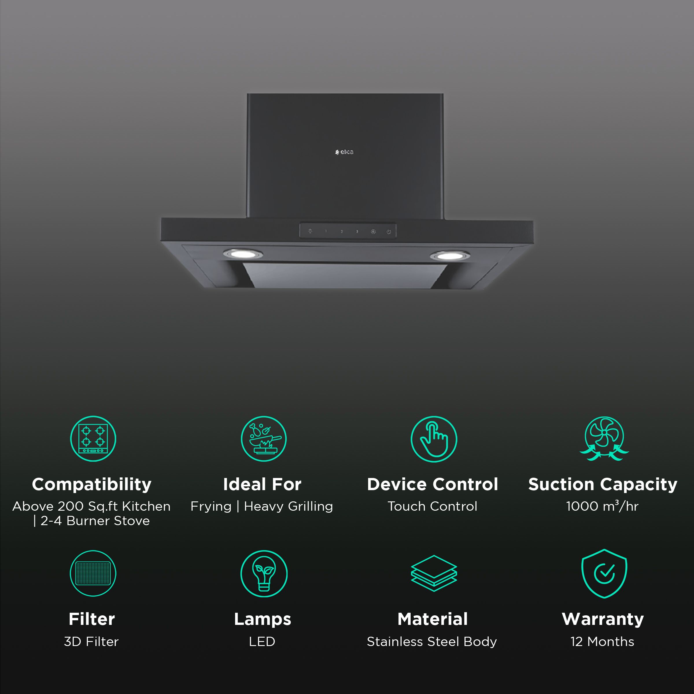 elica SPOT H4 TRIM EDS HE LTW NERO T4V 60cm 1000m3/hr Ducted Wall Mounted Chimney with Touch Control (Black)_3