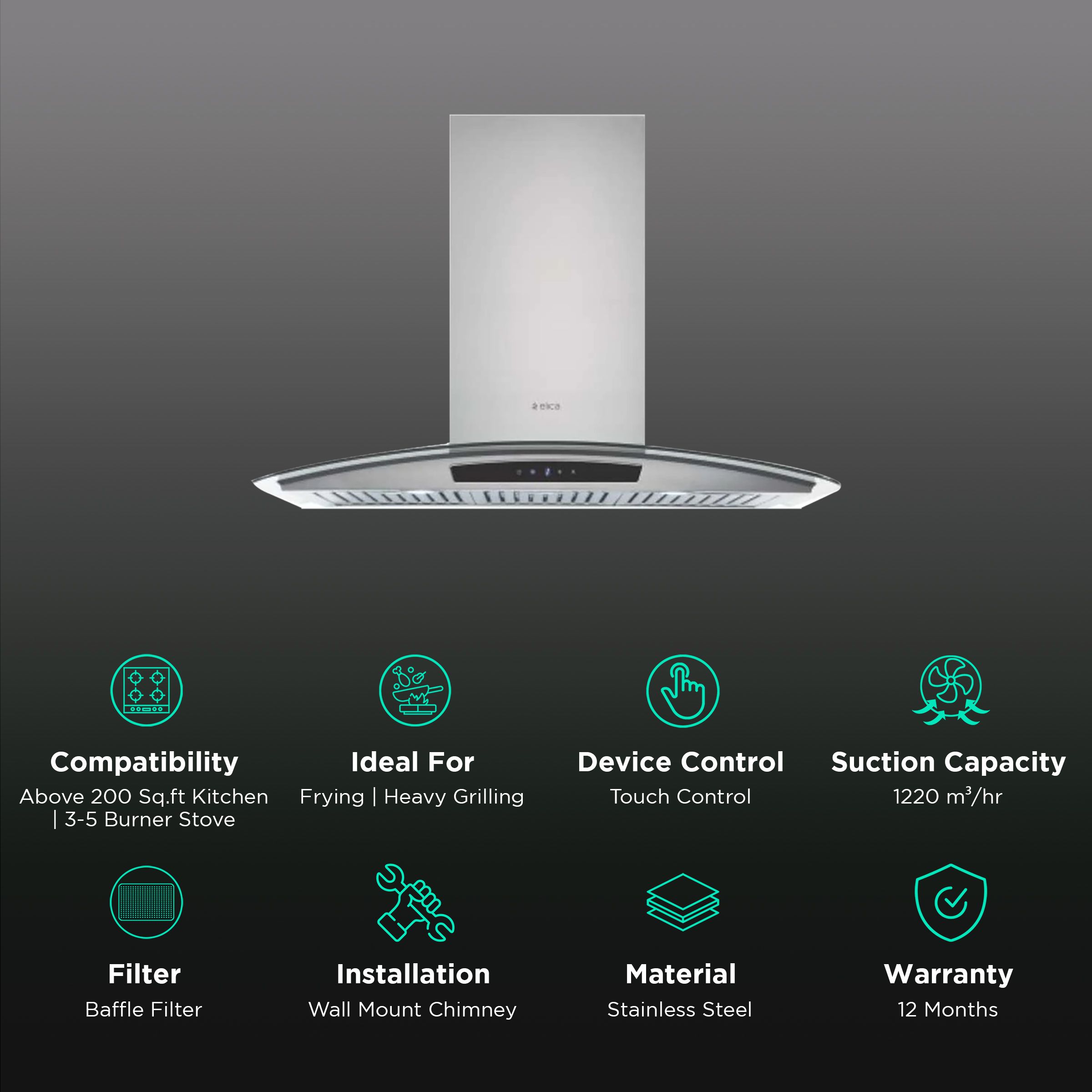elica GLACE TRIM ETB PLUS LTW 903 TC3V 90cm 1220m3/hr Ducted Wall Mounted Chimney with Touch Control Panel (Steel)_3