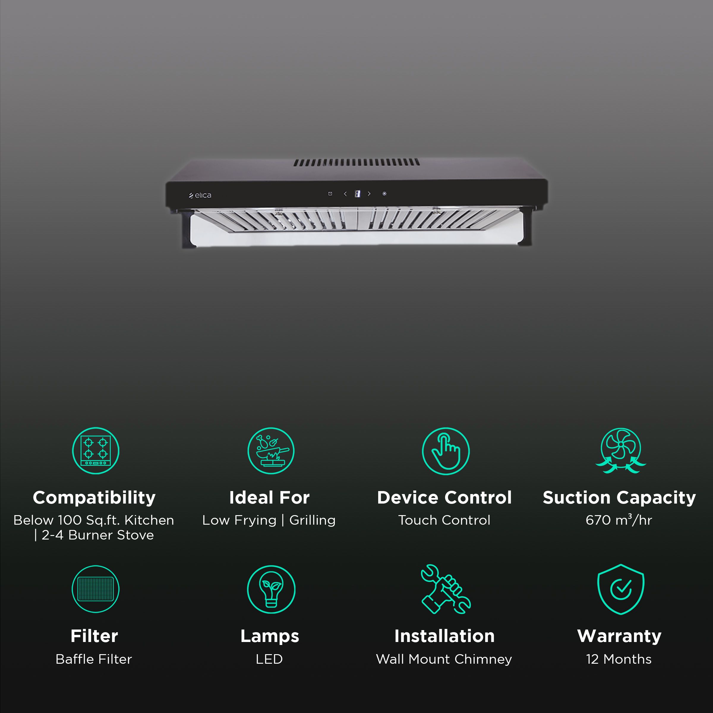 elica TNT 602 TOUCH BK 60cm 670m3/hr Ducted Auto Clean Wall Mounted Chimney with Touch Control Panel (Black) elica TNT 602 TOUCH BK 60cm 670m3/hr Ducted Auto Clean Wall Mounted Chimney with Touch Control Panel (Black)_3