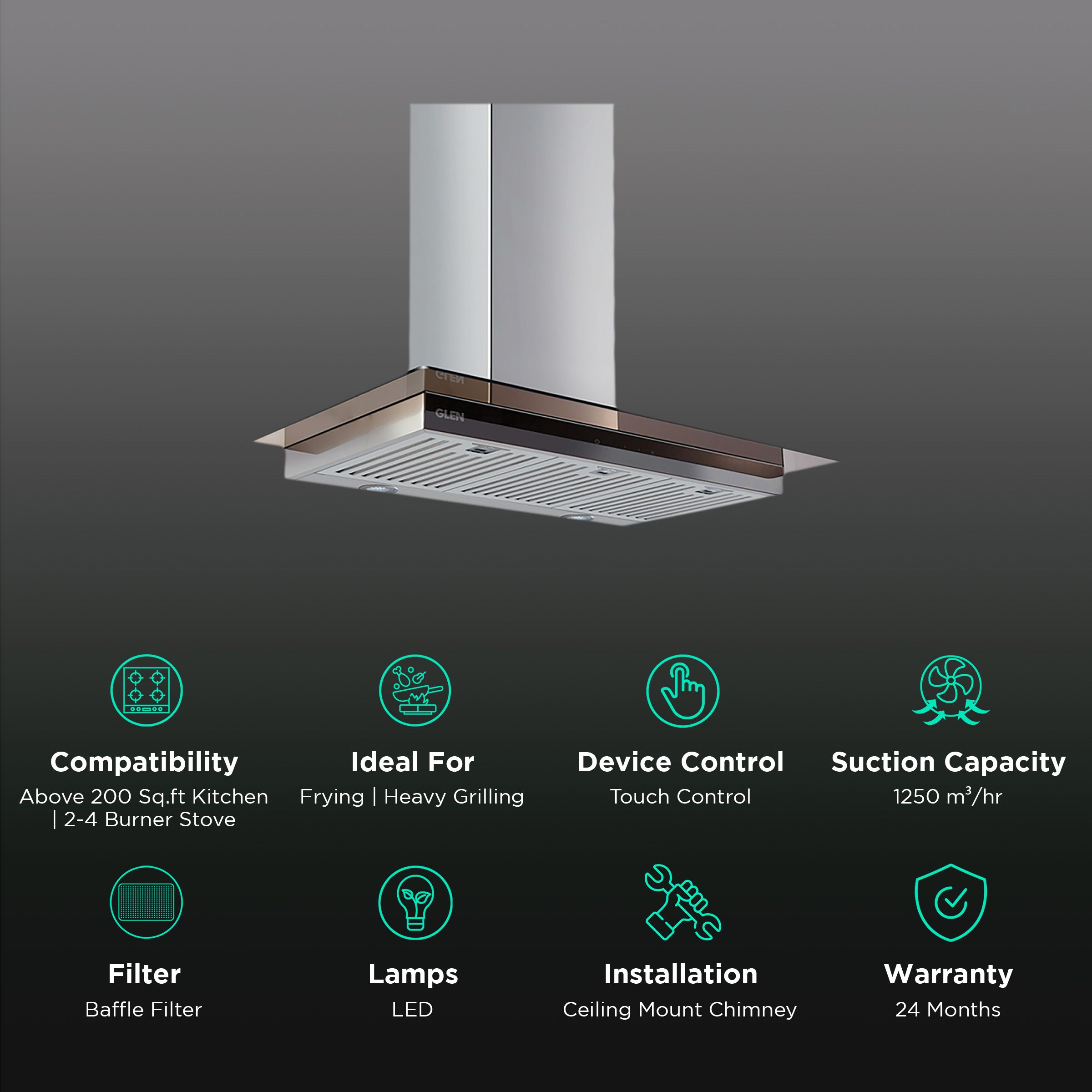 GLEN GL 6062 TS 60cm 1250m3/hr Ducted Ceiling Mounted Chimney with Touch Control Sensor (Silver)_3