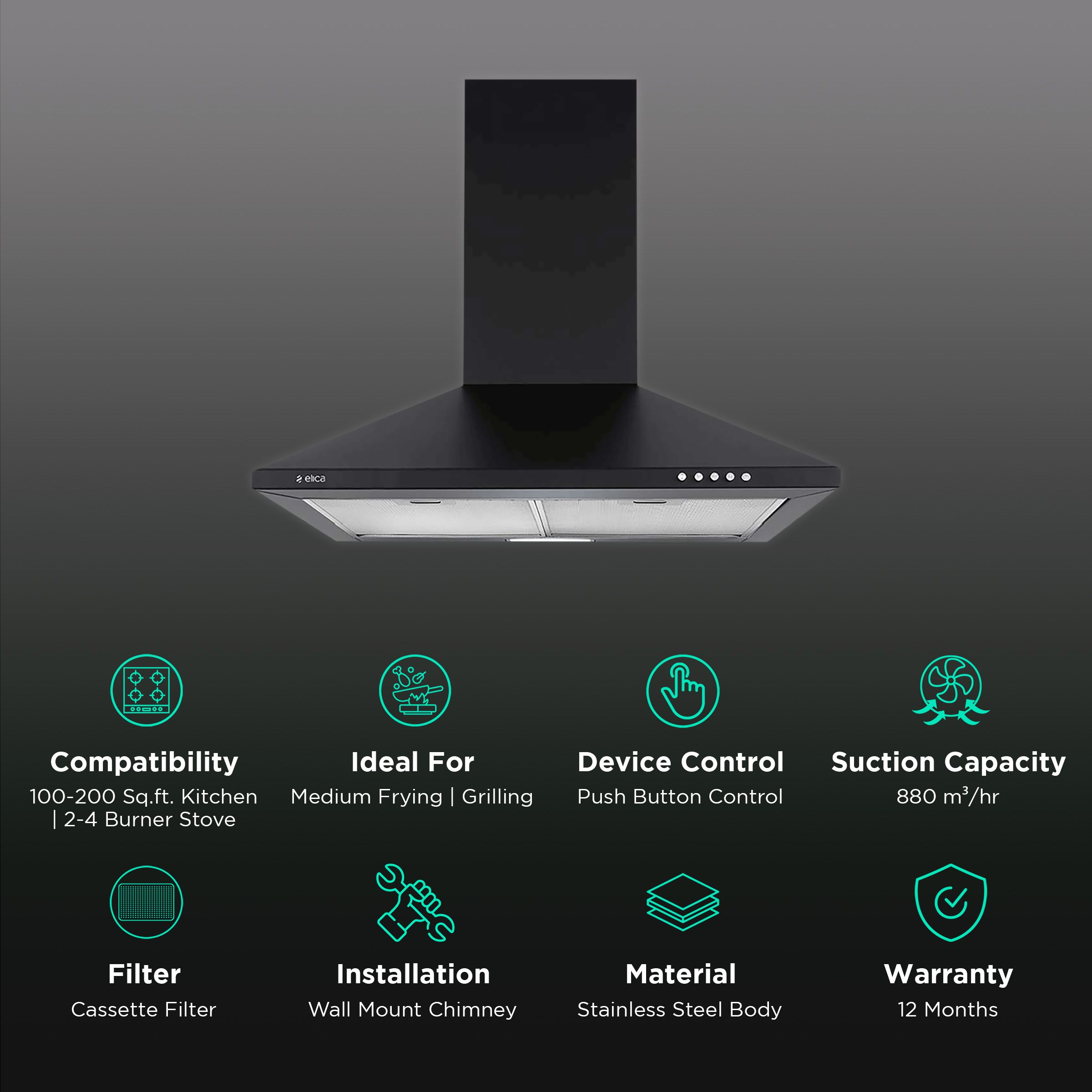 elica STRIP CF 60 NERO 60cm 880m3/hr Ducted Wall Mounted Chimney with Push Button Control (Black) elica STRIP CF 60 NERO 60cm 880m3/hr Ducted Wall Mounted Chimney with Push Button Control (Black)_3