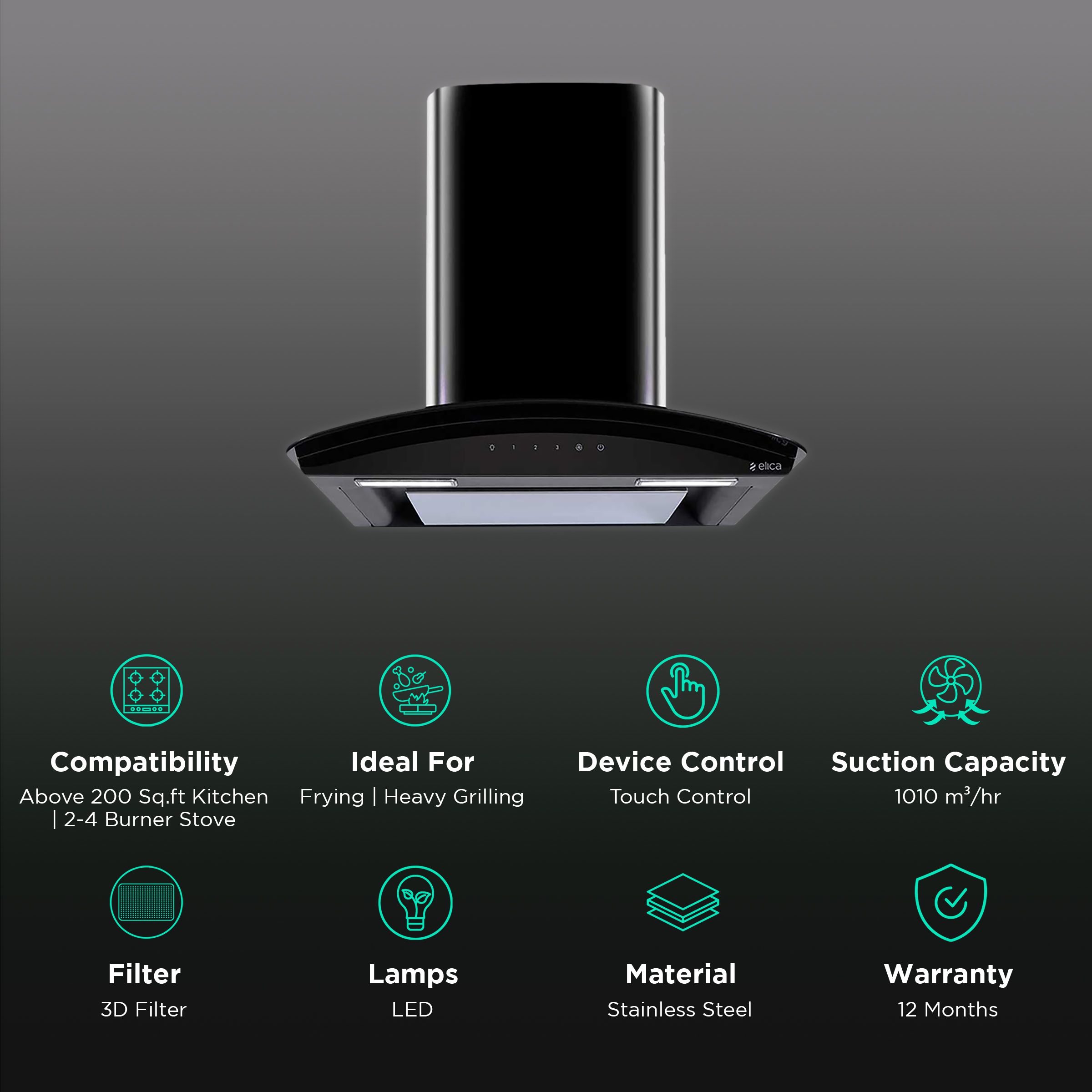 elica GLACE EDS 60 BK NERO T4V LED 60cm 1010m3/hr Ducted Wall Mounted Chimney with Touch Control Panel (Black) elica GLACE EDS 60 BK NERO T4V LED 60cm 1010m3/hr Ducted Wall Mounted Chimney with Touch Control Panel (Black)_3