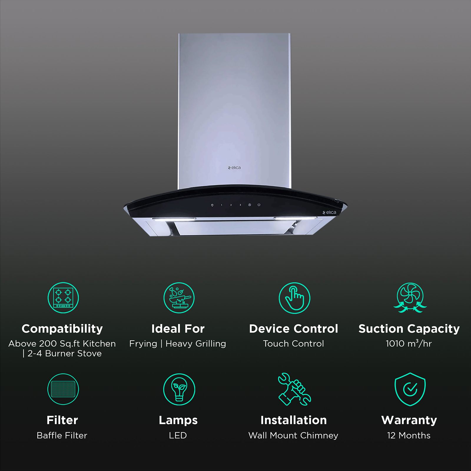 elica GLACE EDS HE LTW 60 BK NERO T4V LED 60cm 1010m3/hr Ducted Wall Mounted Chimney with Touch Control Panel (Silver)_3