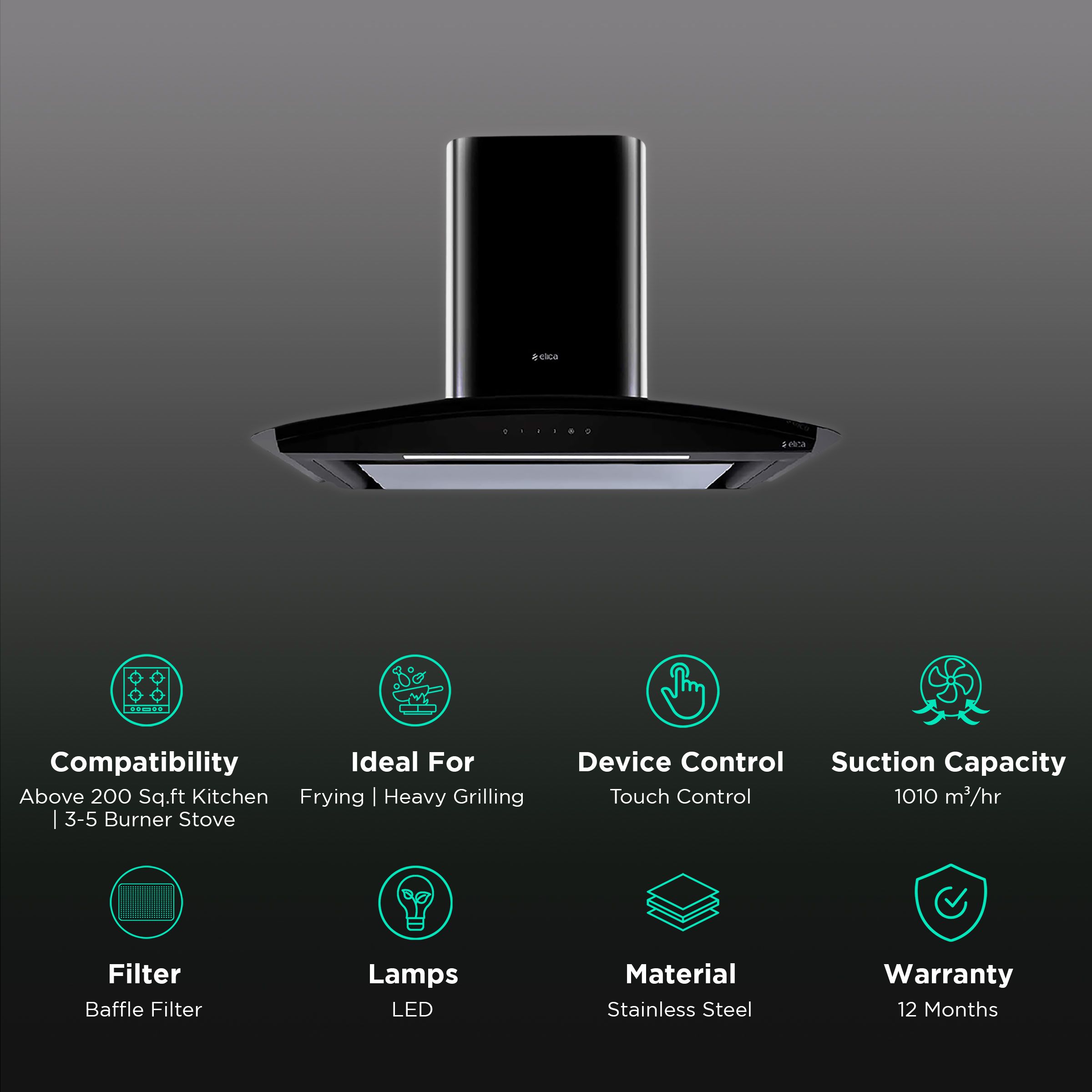 elica GLACE EDS HE LTW 90 BK NERO T4V LED S 90cm 1010m3/hr Ducted Wall Mounted Chimney with Touch Control Panel (Black) elica GLACE EDS HE LTW 90 BK NERO T4V LED S 90cm 1010m3/hr Ducted Wall Mounted Chimney with Touch Control Panel (Black)_3