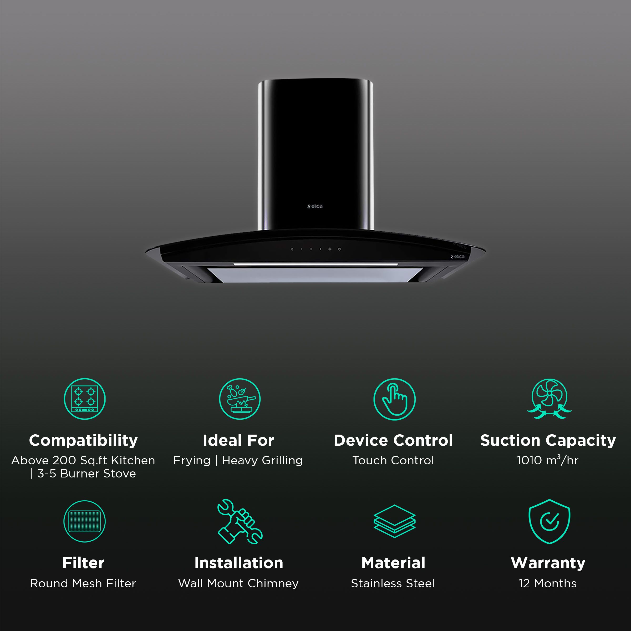 elica GLACE EDS HE LTW 90 BK T4V LED 90cm 1010m3/hr Ducted Wall Mounted Chimney with Touch Control Panel (Silver) elica GLACE EDS HE LTW 90 BK T4V LED 90cm 1010m3/hr Ducted Wall Mounted Chimney with Touch Control Panel (Silver)_3