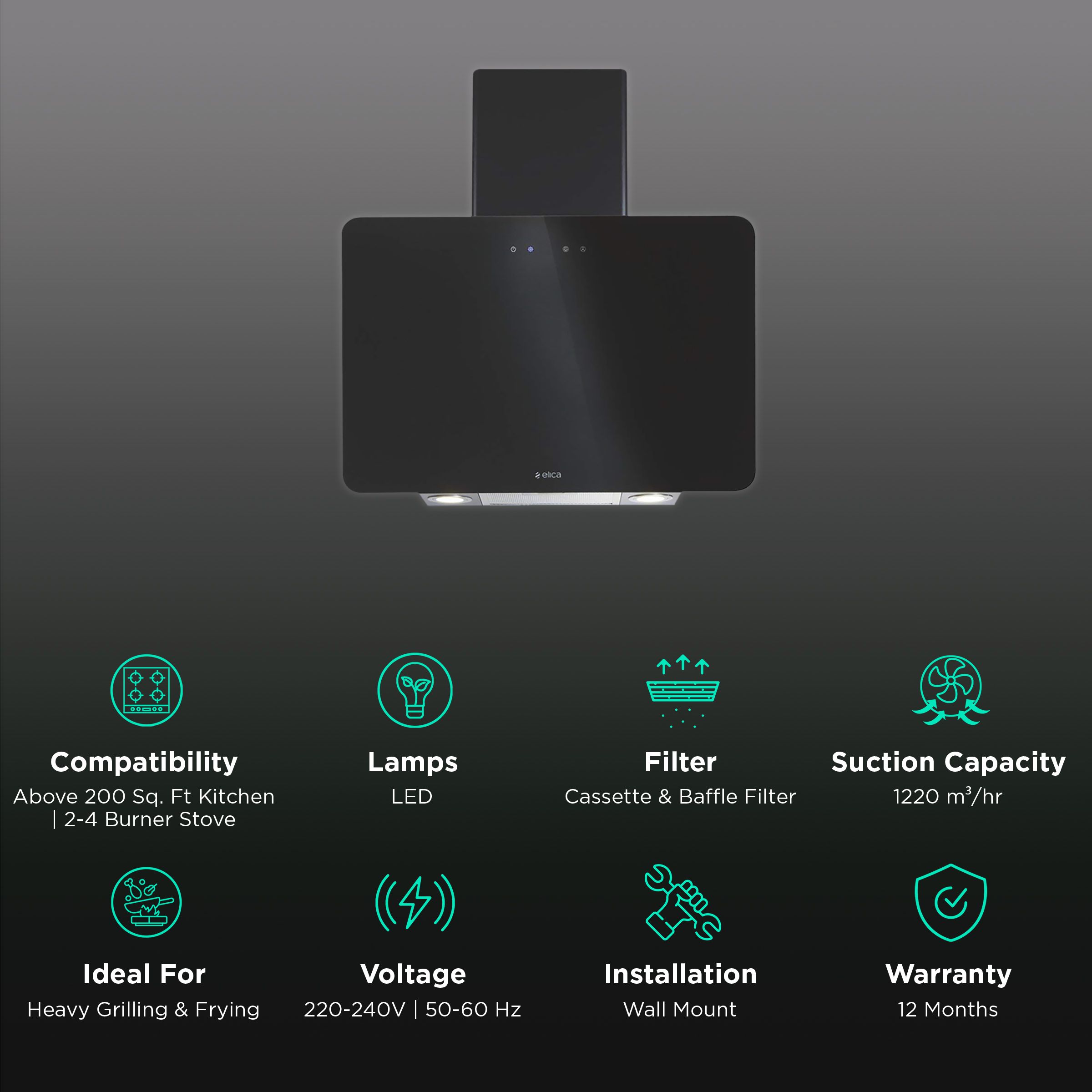 elica KITTY ETB HE LTW 60 BK T4V LED 60cm 1220m3/hr Ducted Wall Mounted Chimney with Monobloc Glass Design (Black) elica KITTY ETB HE LTW 60 BK T4V LED 60cm 1220m3/hr Ducted Wall Mounted Chimney with Monobloc Glass Design (Black)_3