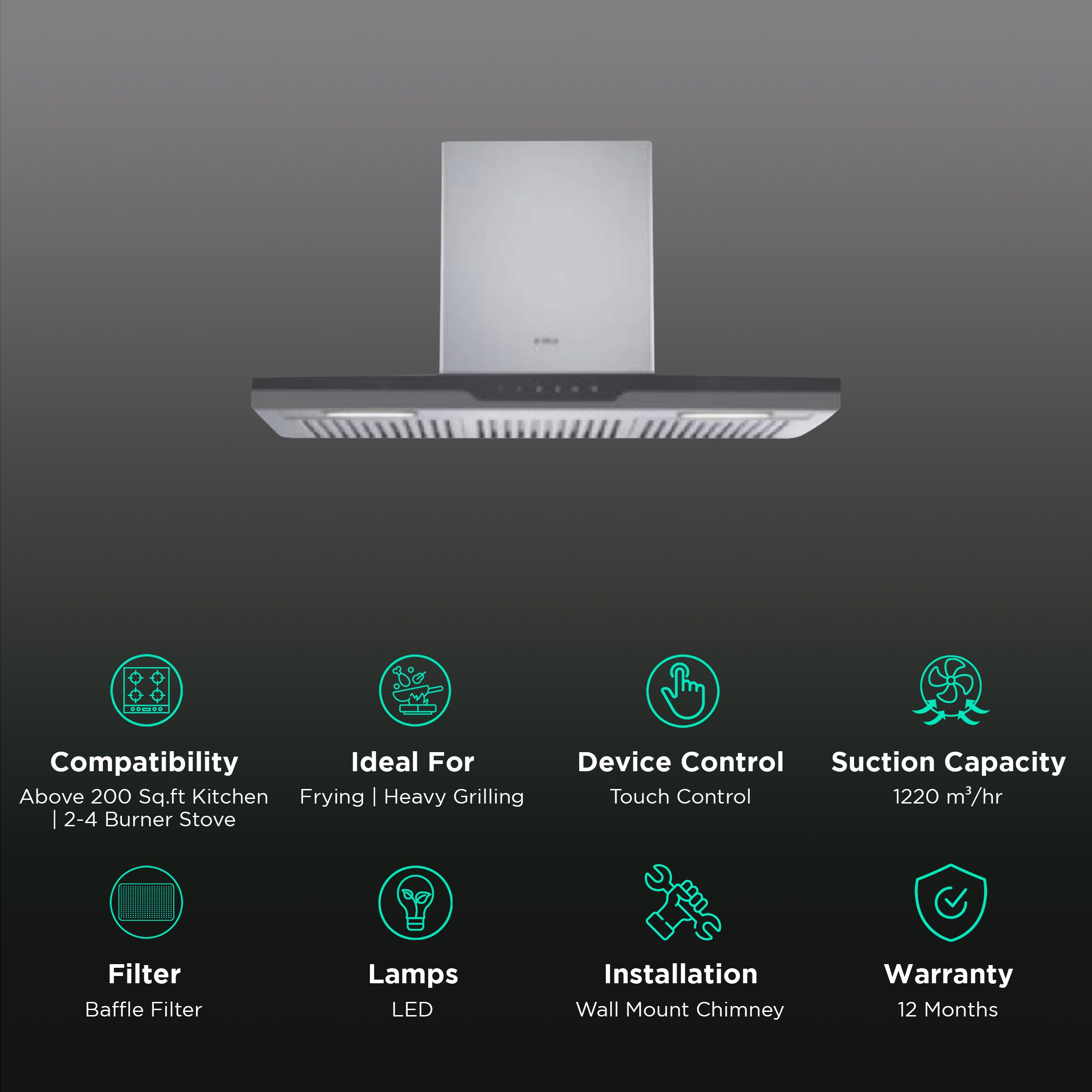 elica METEORITE ETB PLUS LTW 60 T4V LED 60cm 1220m3/hr Ducted Wall Mounted Chimney with Touch Control Panel (Silver) elica METEORITE ETB PLUS LTW 60 T4V LED 60cm 1220m3/hr Ducted Wall Mounted Chimney with Touch Control Panel (Silver)_3