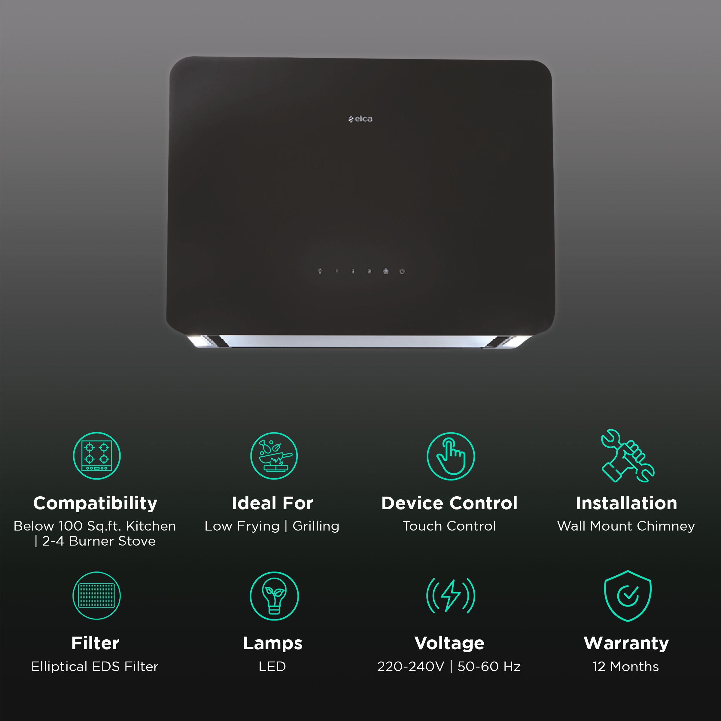 Elica KITTY SLIM 60CM 1010m3/hr Ducted Wall Mounted Chimney with Motion Sensor Control (Black) Elica KITTY SLIM 60CM 1010m3/hr Ducted Wall Mounted Chimney with Motion Sensor Control (Black)_3