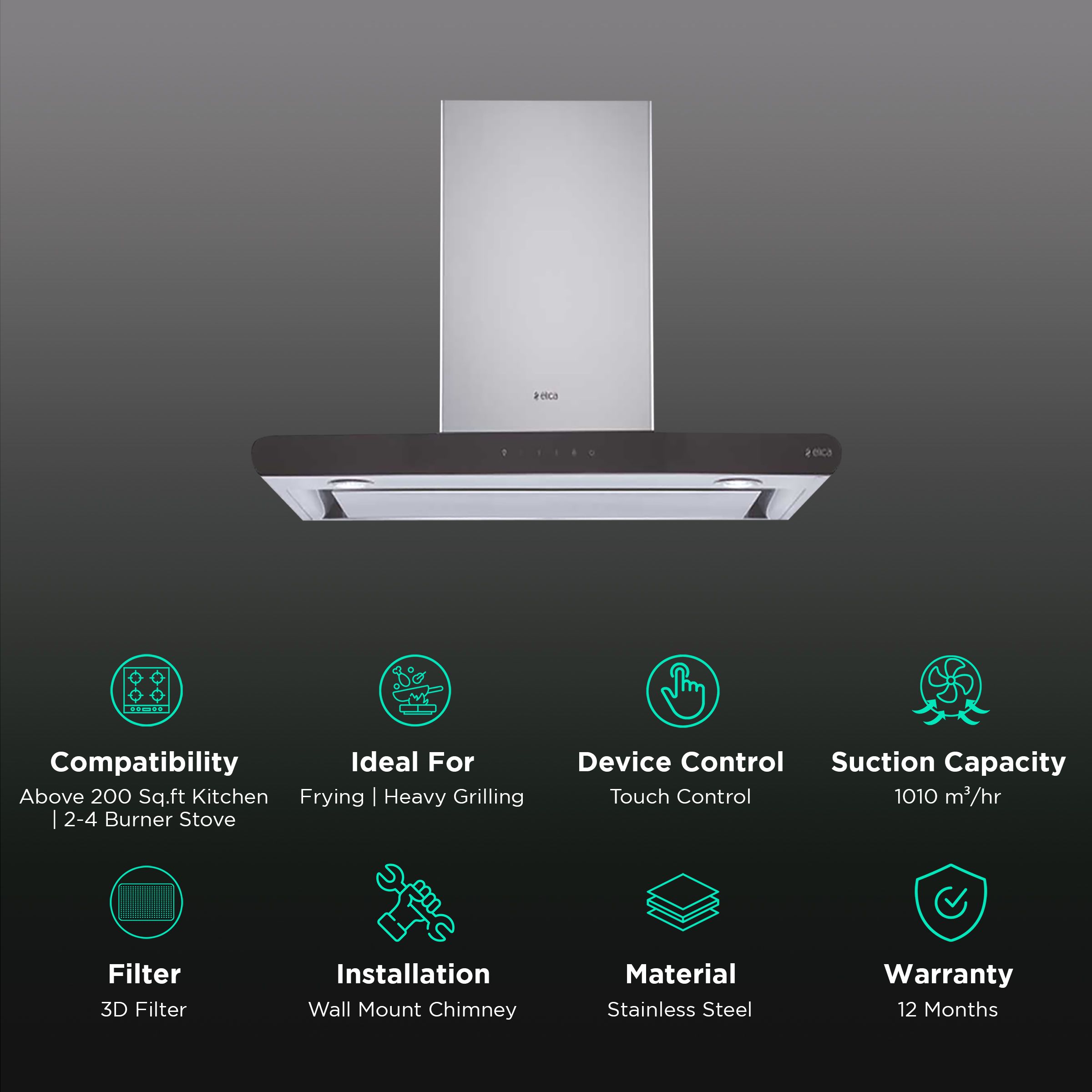 elica GALAXY EDS HE LTW 60 T4V LED 60cm 1010m3/hr Ducted Wall Mounted Chimney with Touch Control Panel (Stainless Steel)_3