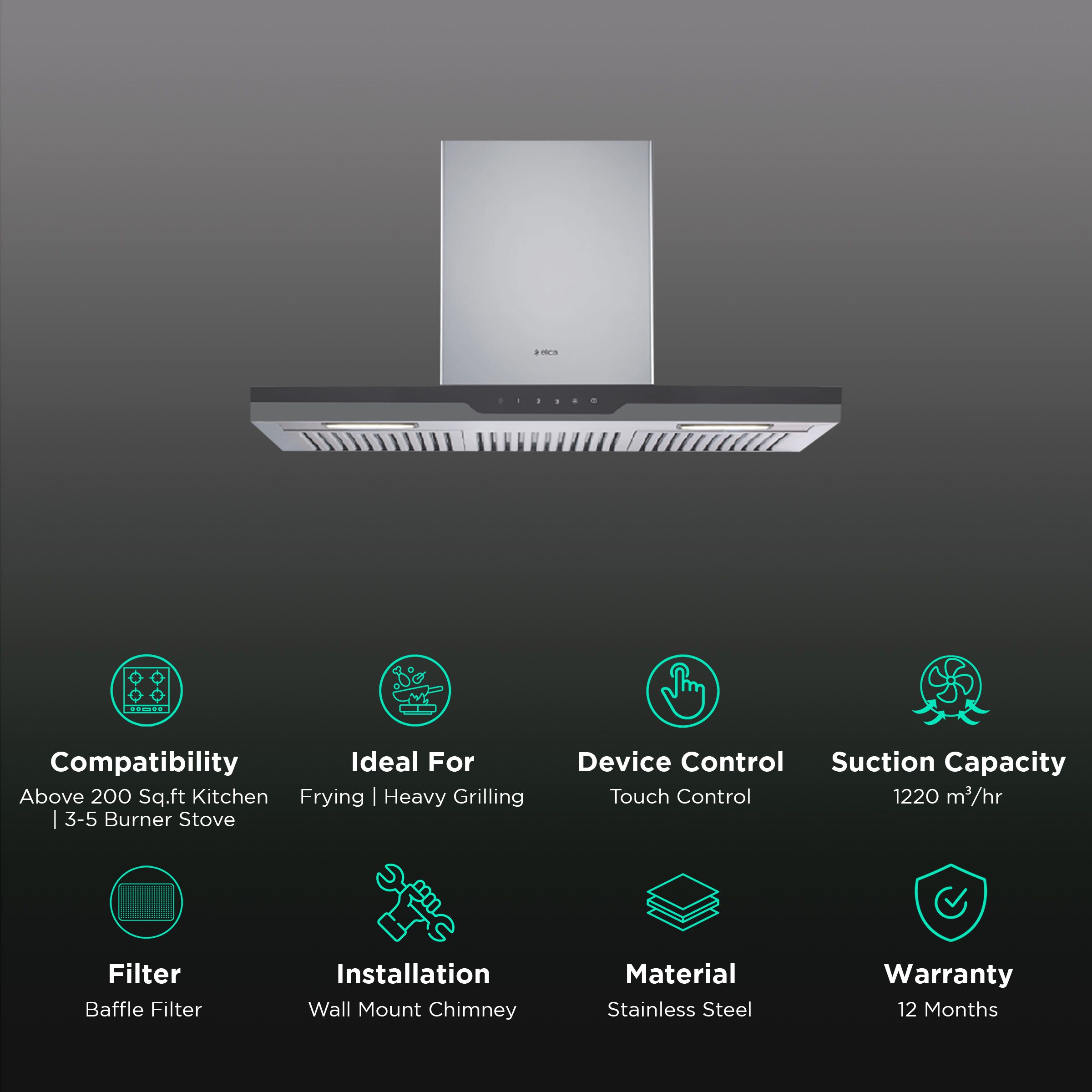elica METEORITE ETB PLUS LTW 90 T4V LED 90cm 1220m3/hr Ducted Wall Mounted Chimney with Touch Control Panel (Stainless Steel)_3