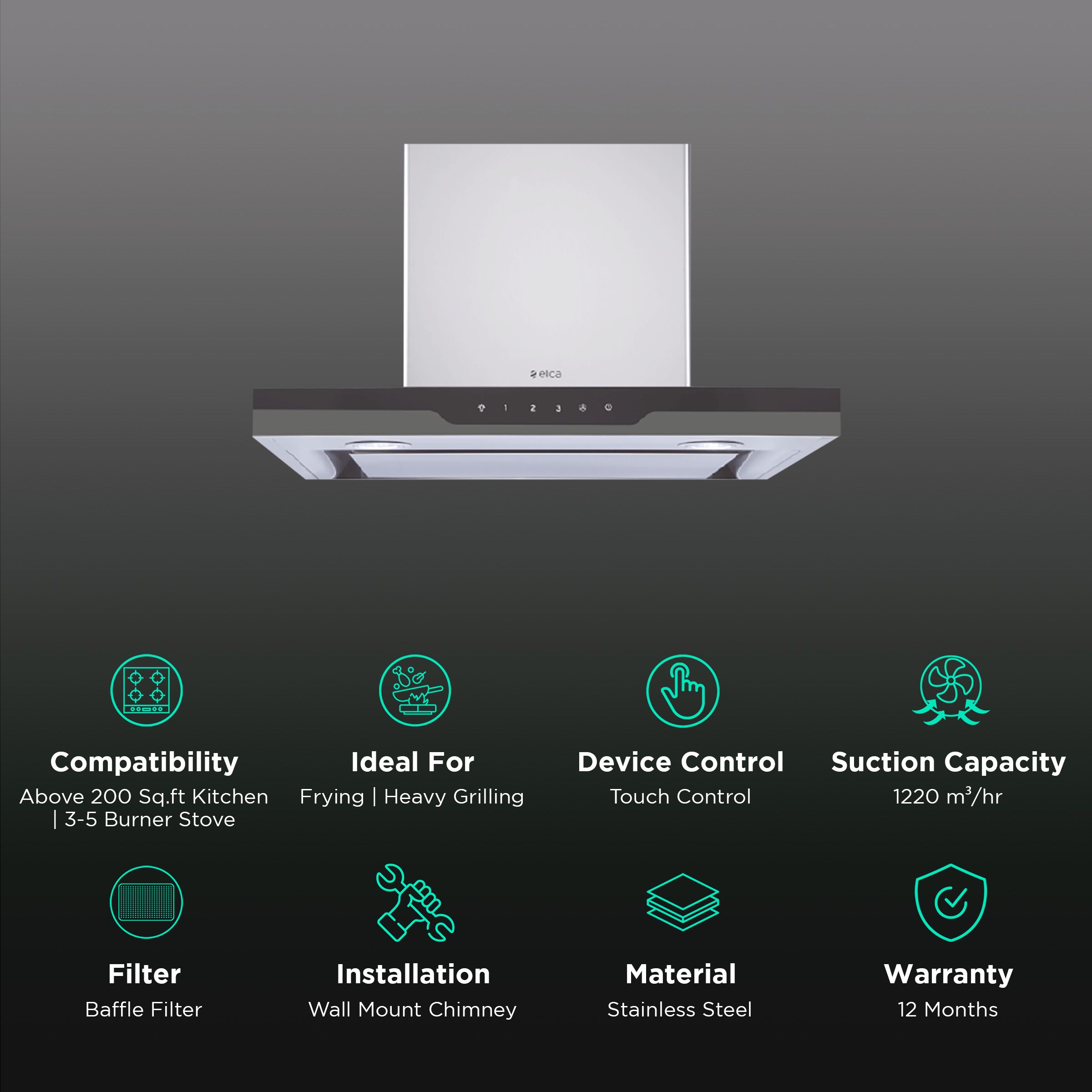 elica METEORITE EDS HE LTW 90 T4V LED 90cm 1220m3/hr Ducted Wall Mounted Chimney with Touch Control Panel (Silver)_3