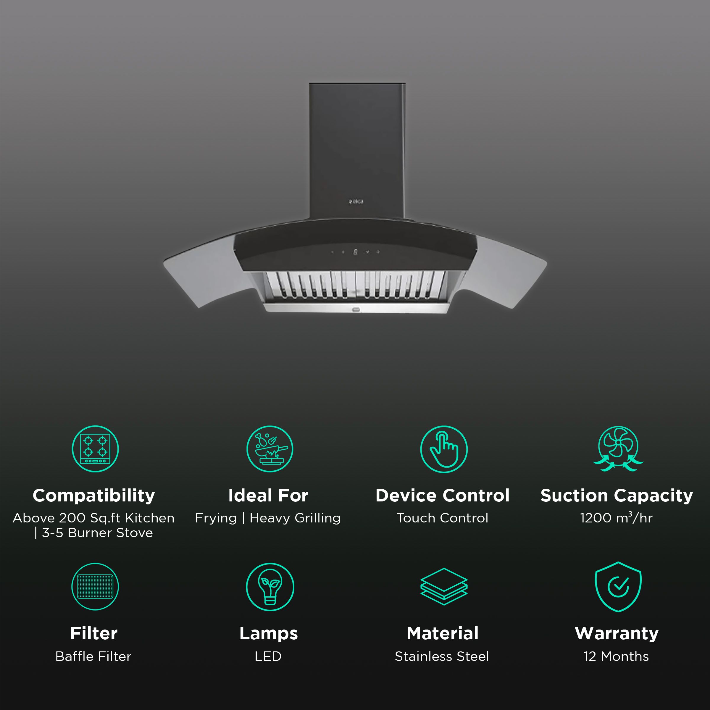 elica WDAT HAC 90 NERO 90cm 1200m3/hr Ducted Auto Clean Wall Mounted Chimney with Touch Control Panel (Black)_3