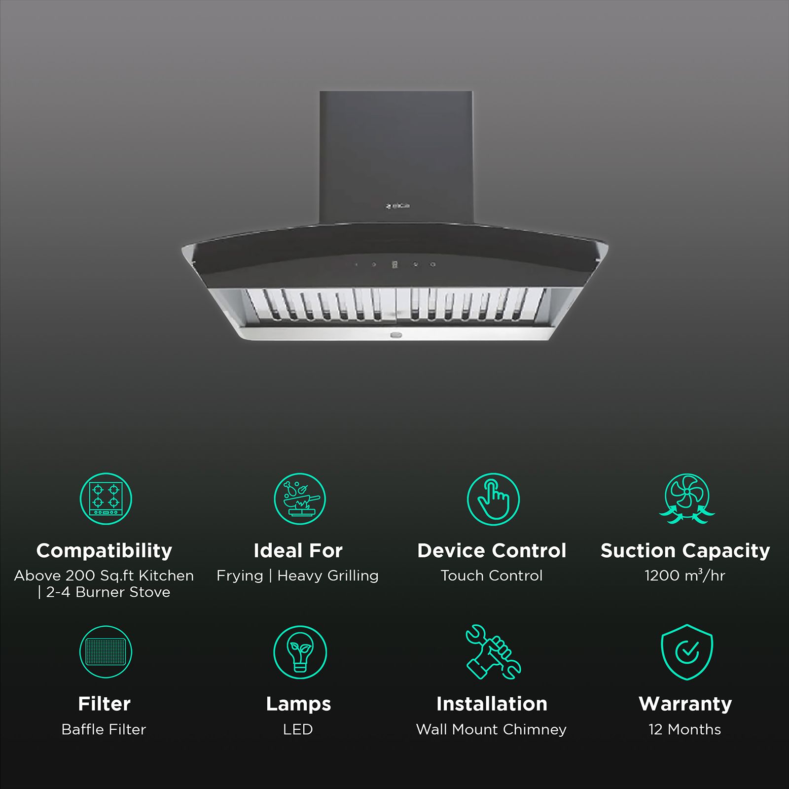elica WDAT HAC NERO 60cm 1200m3/hr Ducted Auto Clean Wall Mounted Chimney with Touch Control Panel (Black) elica WDAT HAC NERO 60cm 1200m3/hr Ducted Auto Clean Wall Mounted Chimney with Touch Control Panel (Black)_3