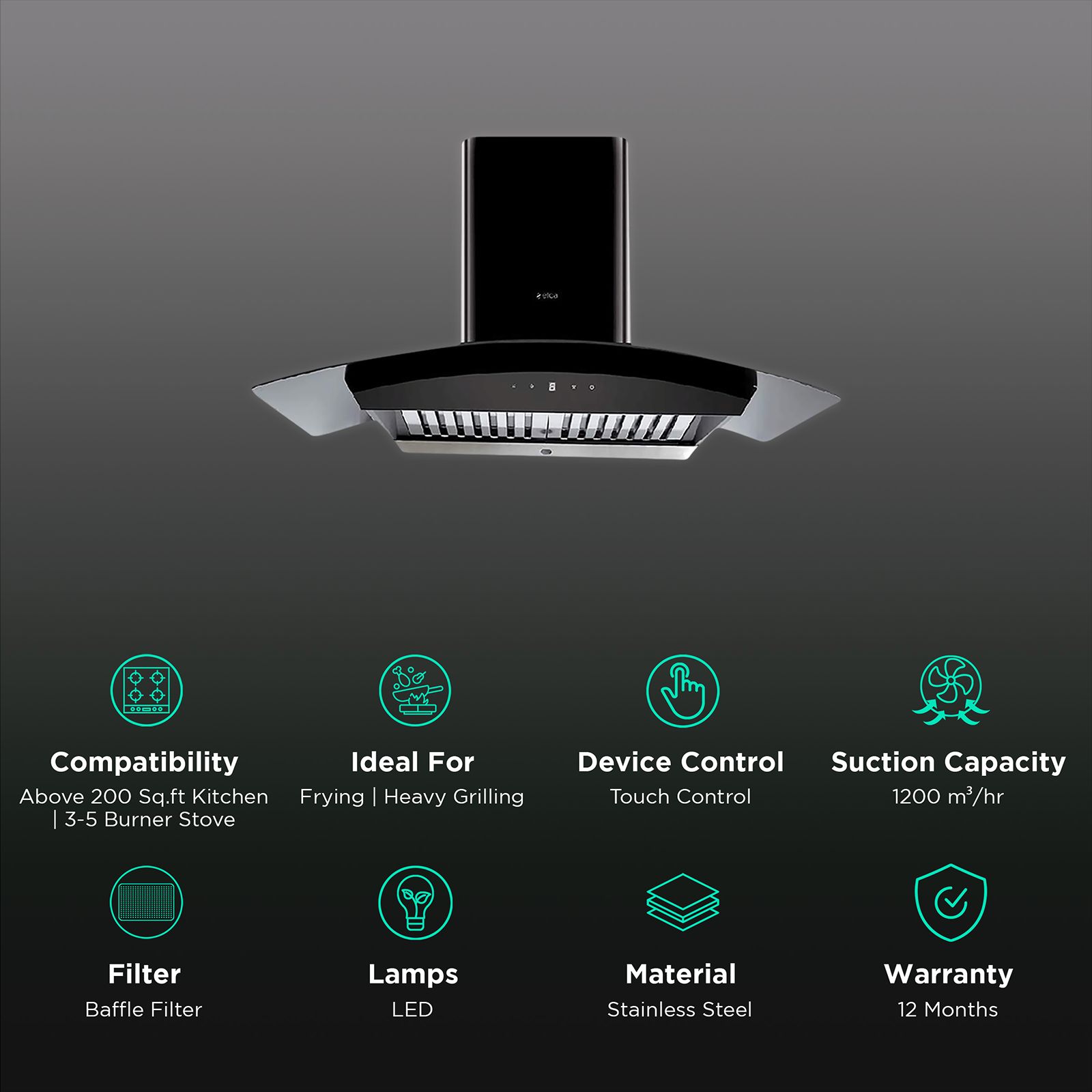 elica WDAT HAC 90 MS NERO 90cm 1200m3/hr Ducted Auto Clean Wall Mounted Chimney with Touch & Motion Sensor Control (Black) elica WDAT HAC 90 MS NERO 90cm 1200m3/hr Ducted Auto Clean Wall Mounted Chimney with Touch & Motion Sensor Control (Black)_3