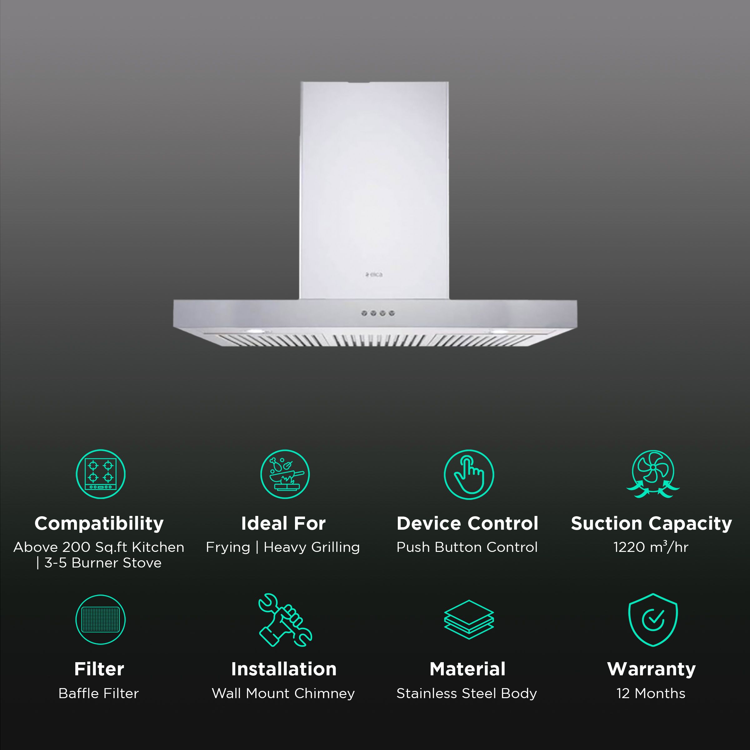 elica SPOT NG ETB PLUS LTW 90 PB LED 90cm 1220m3/hr Ducted Wall Mounted Chimney with Push Button Control (Silver) elica SPOT NG ETB PLUS LTW 90 PB LED 90cm 1220m3/hr Ducted Wall Mounted Chimney with Push Button Control (Silver)_3