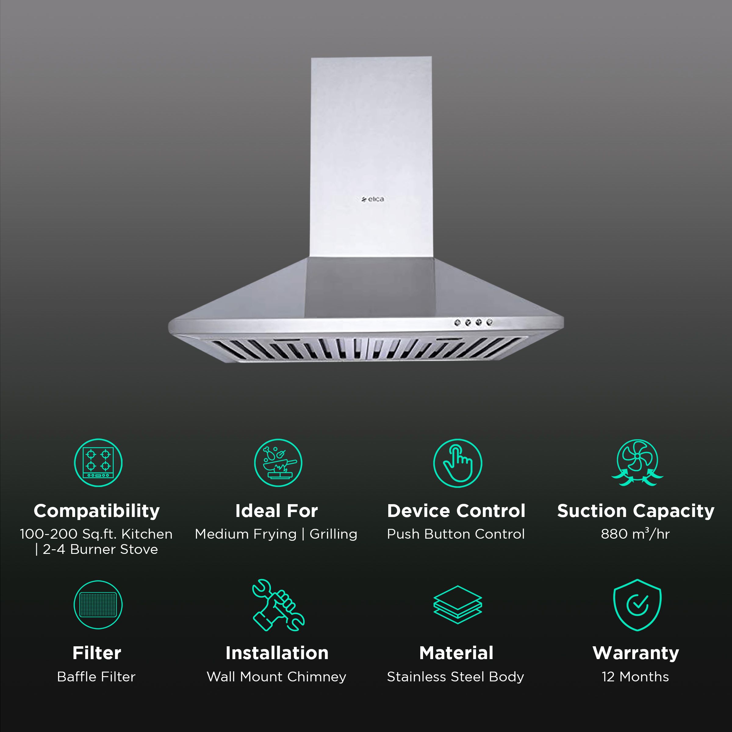 elica STRIP BF 60 SS 60cm 880m3/hr Ducted Wall Mounted Chimney with Push Button Control (Silver)_3