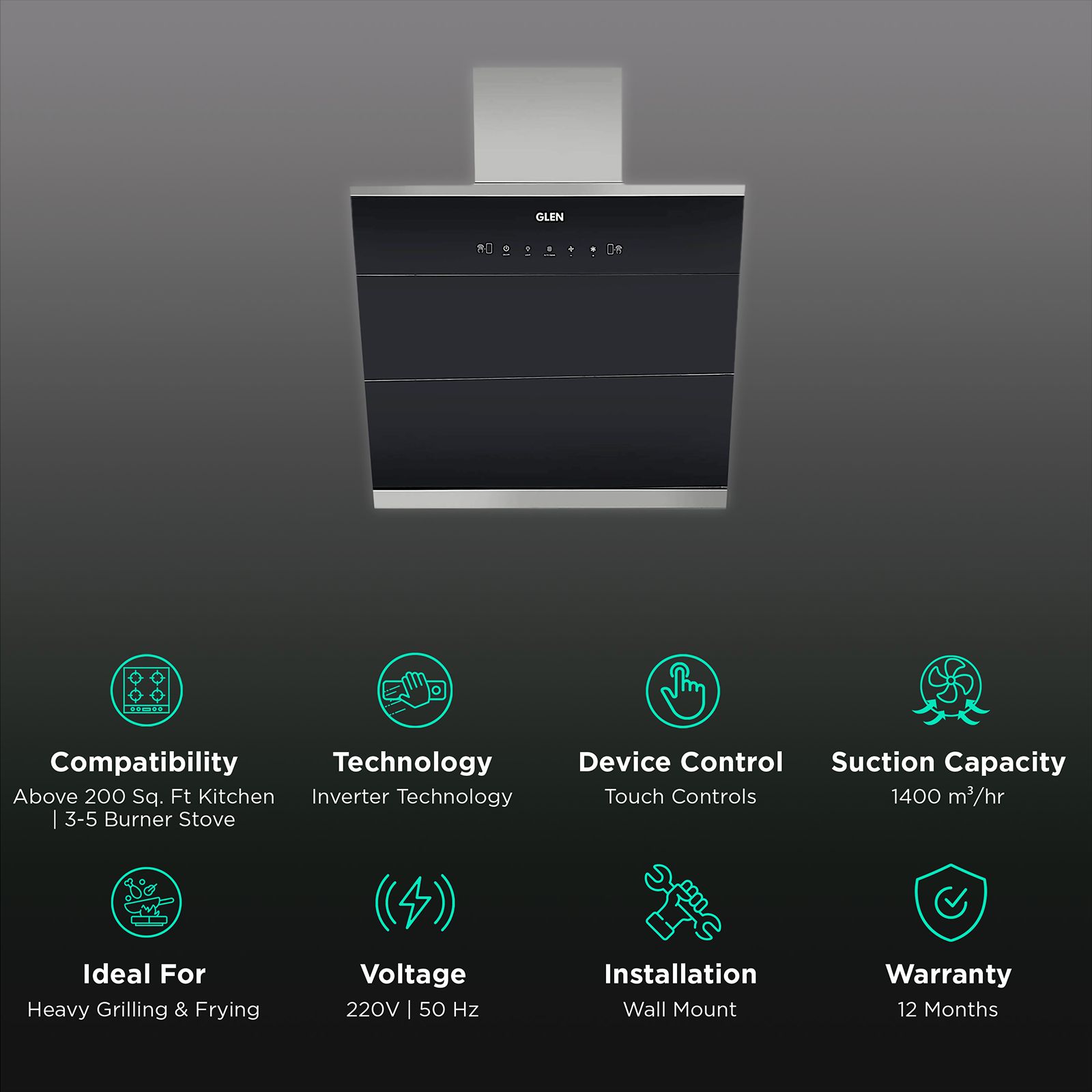 GLEN GL 6073 BL ACLN MS 90cm 1400m3/hr Ducted Auto Clean Wall Mounted Chimney with Touch Control Panel (Black) GLEN GL 6073 BL ACLN MS 90cm 1400m3/hr Ducted Auto Clean Wall Mounted Chimney with Touch Control Panel (Black)_3
