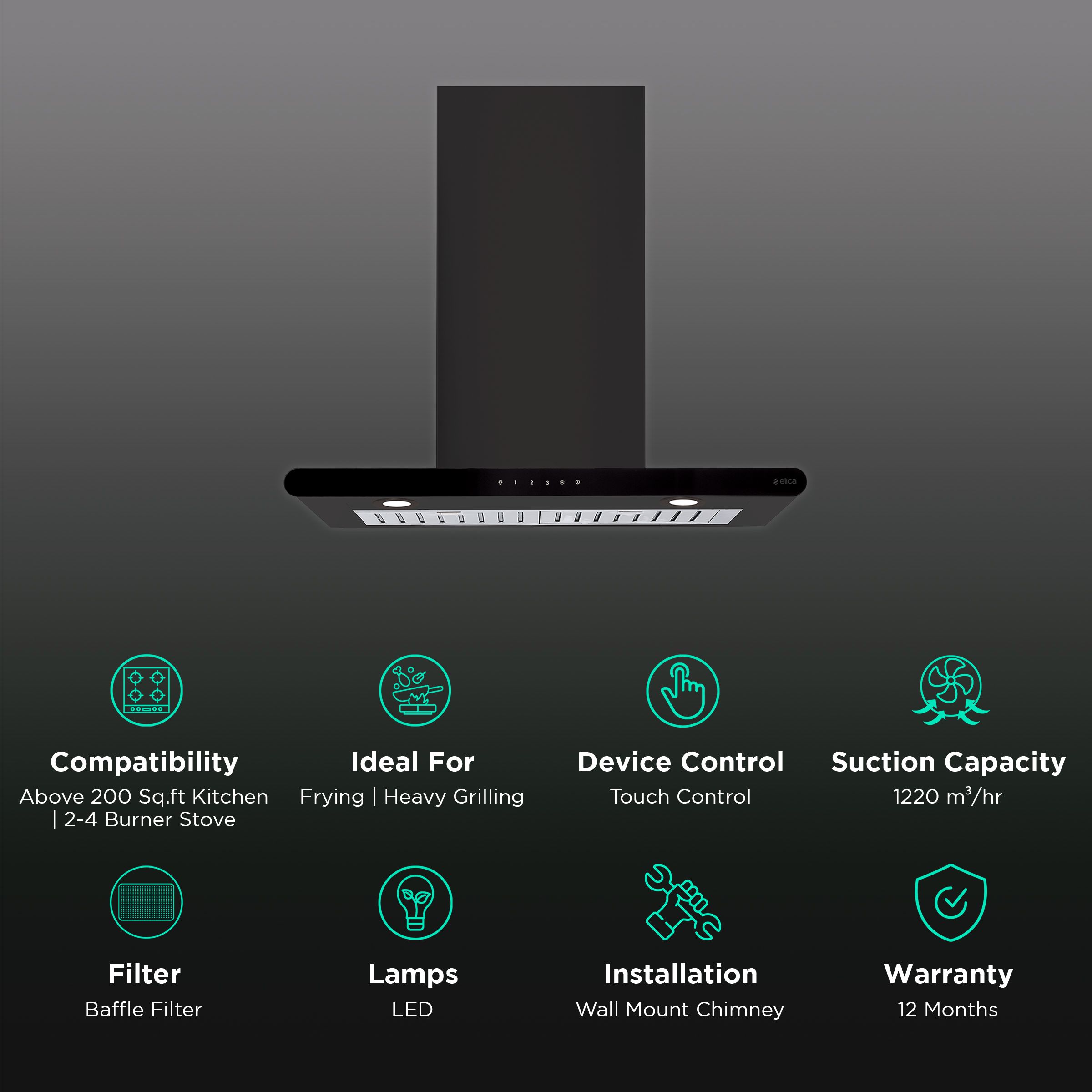 elica GALAXY ETB PLUS LTW 60 NERO T4V LED 60cm 1220m3/hr Ducted Wall Mounted Chimney with Touch Control Panel (Black)_3