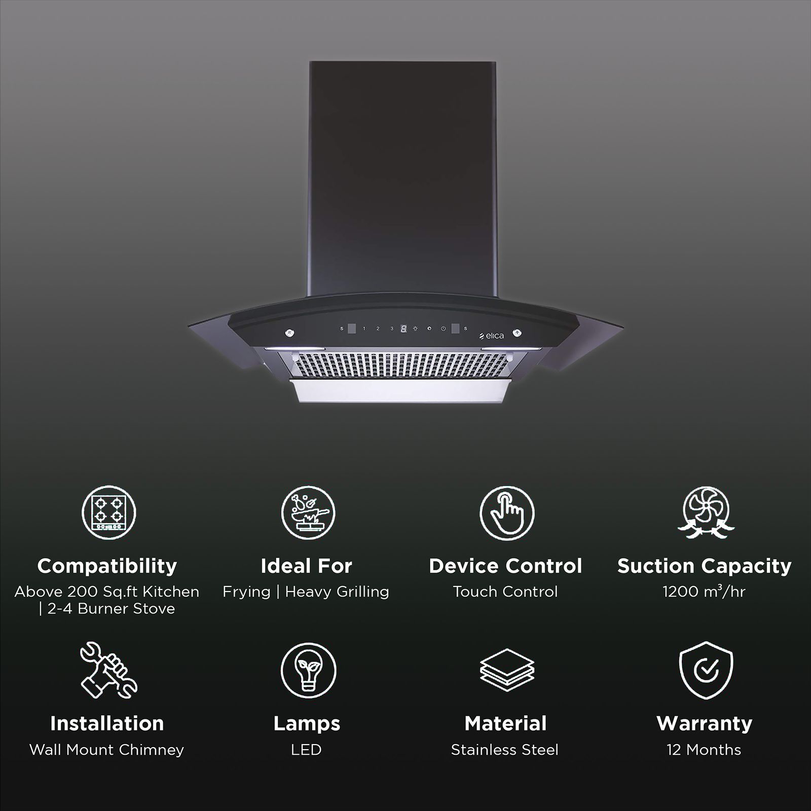 elica WDFL 606 HAC LTW MS NERO 60cm 1200m3/hr Ducted Auto Clean Wall Mounted Chimney with Touch Control Panel (Black)_3