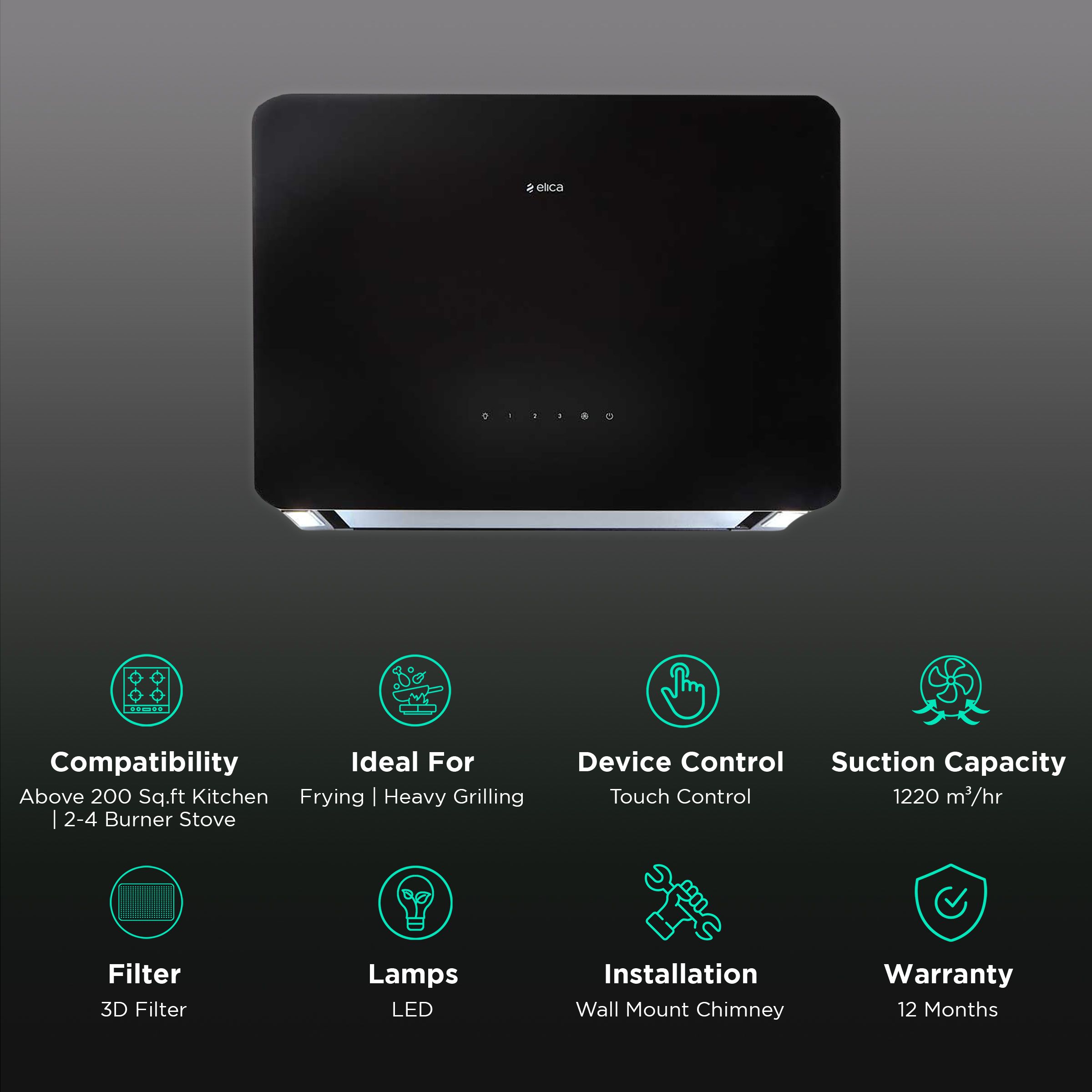 elica KITTY SLIM EDS PLUS HE LTW 60 T4V LED 60cm 1220m3/hr Ducted Wall Mounted Chimney with Touch Control Panel (Black) elica KITTY SLIM EDS PLUS HE LTW 60 T4V LED 60cm 1220m3/hr Ducted Wall Mounted Chimney with Touch Control Panel (Black)_3