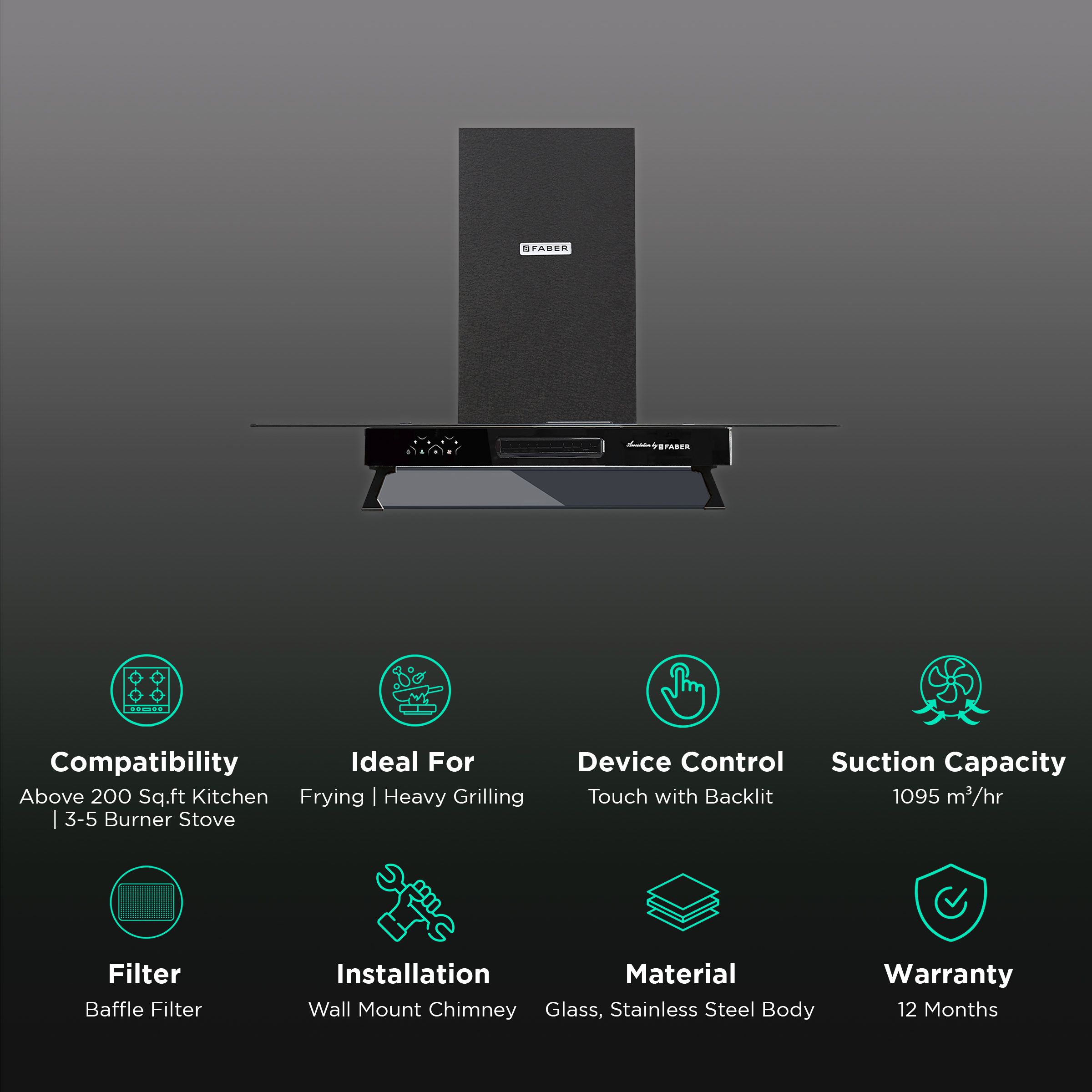 FABER AEROSTATION STAR PRO 3D AB TC 90cm 1095m3/hr Ducted Wall Mounted Chimney with Backlit Touch (Alligator Black) FABER AEROSTATION STAR PRO 3D AB TC 90cm 1095m3/hr Ducted Wall Mounted Chimney with Backlit Touch (Alligator Black)_3