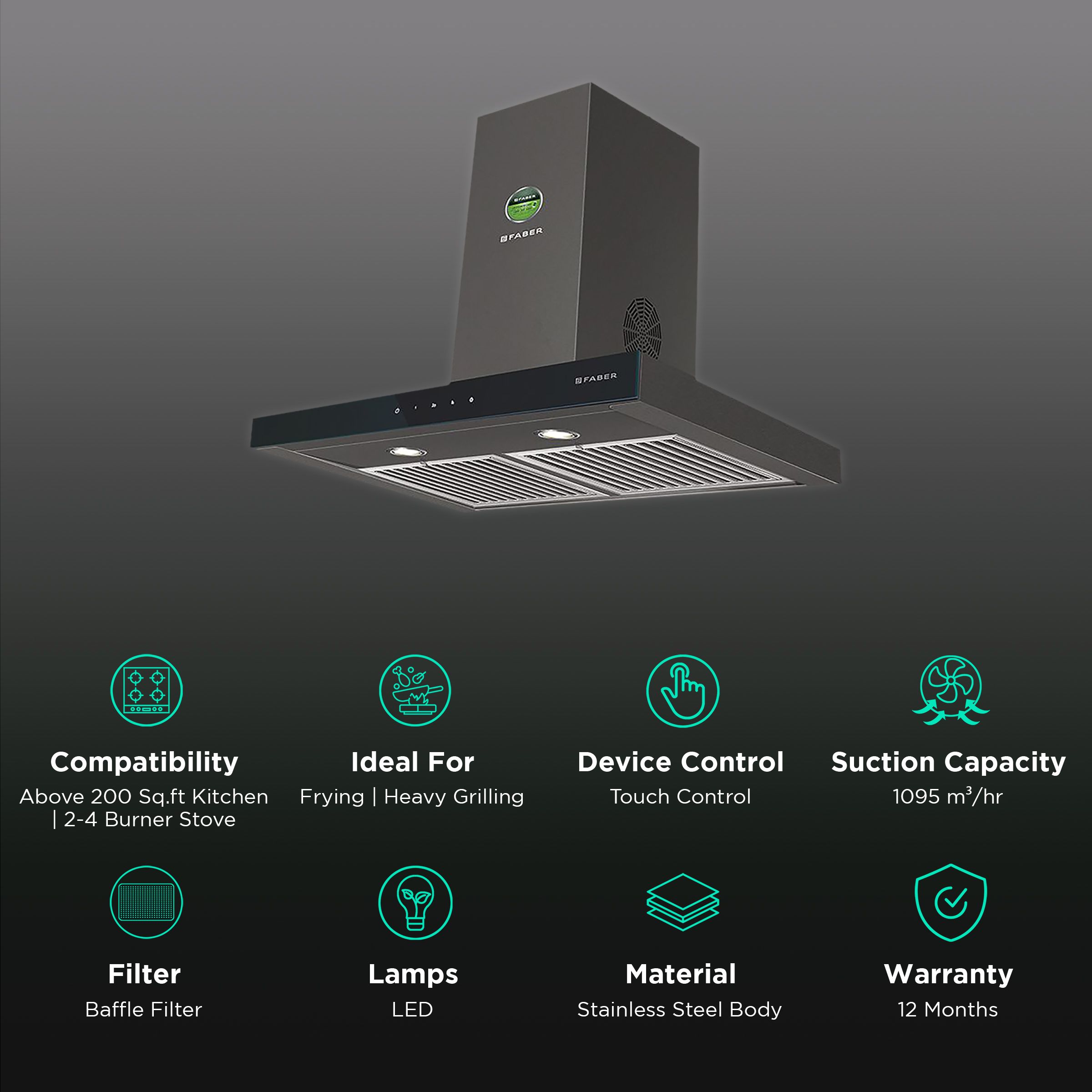 FABER STILUX 3D T2S2 BK TC LTW 60cm 1095m3/hr Ducted Auto Clean Wall Mounted Chimney with Touch Control Panel (Black) FABER STILUX 3D T2S2 BK TC LTW 60cm 1095m3/hr Ducted Auto Clean Wall Mounted Chimney with Touch Control Panel (Black)_3