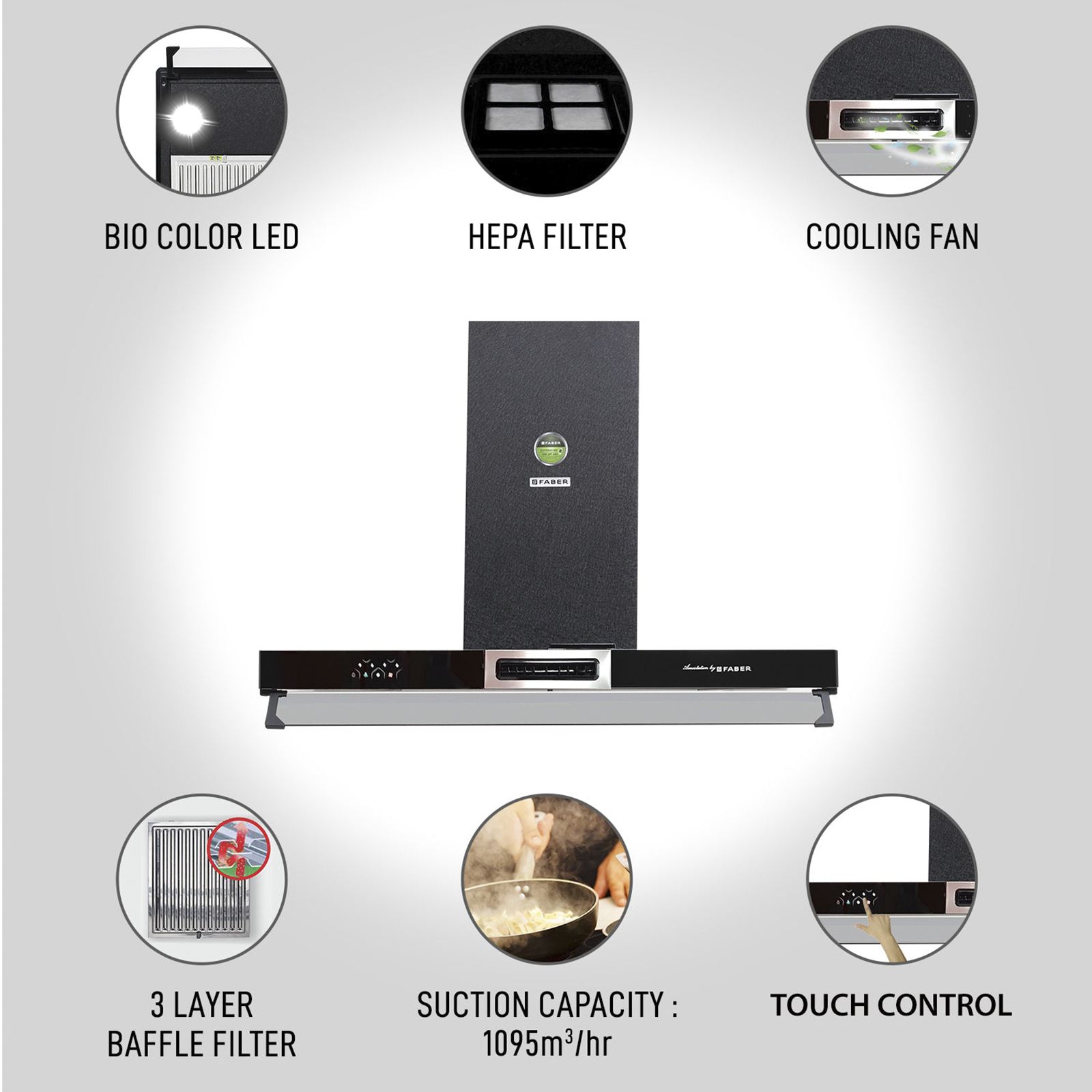 FABER AEROSTATION SPARKLE PRO 3D AB TC 90cm 1095m3/hr Ducted Wall Mounted Chimney with Backlit Touch (Alligator Black) FABER AEROSTATION SPARKLE PRO 3D AB TC 90cm 1095m3/hr Ducted Wall Mounted Chimney with Backlit Touch (Alligator Black)_6