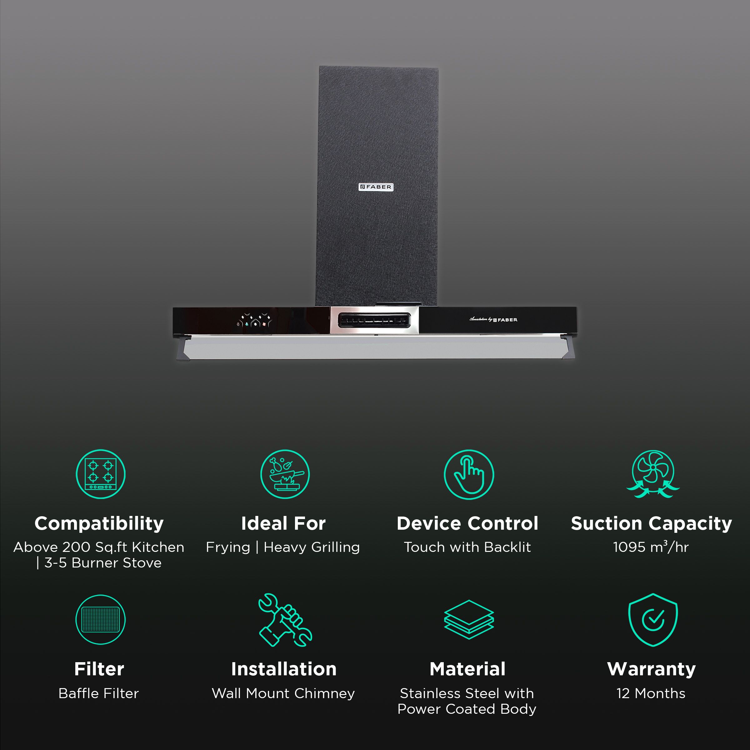 FABER AEROSTATION SPARKLE PRO 3D AB TC 90cm 1095m3/hr Ducted Wall Mounted Chimney with Backlit Touch (Alligator Black) FABER AEROSTATION SPARKLE PRO 3D AB TC 90cm 1095m3/hr Ducted Wall Mounted Chimney with Backlit Touch (Alligator Black)_3