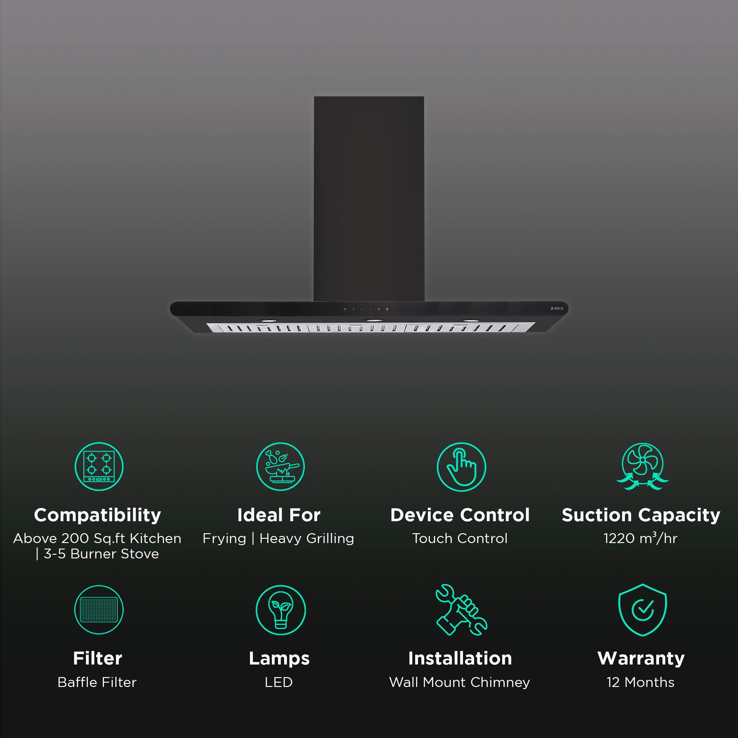 elica GALXY ETB PLUS LTW 90 NERO T4V LED 90cm 1220m3/hr Ducted Wall Mounted Chimney with Touch Control Panel (Black)_3