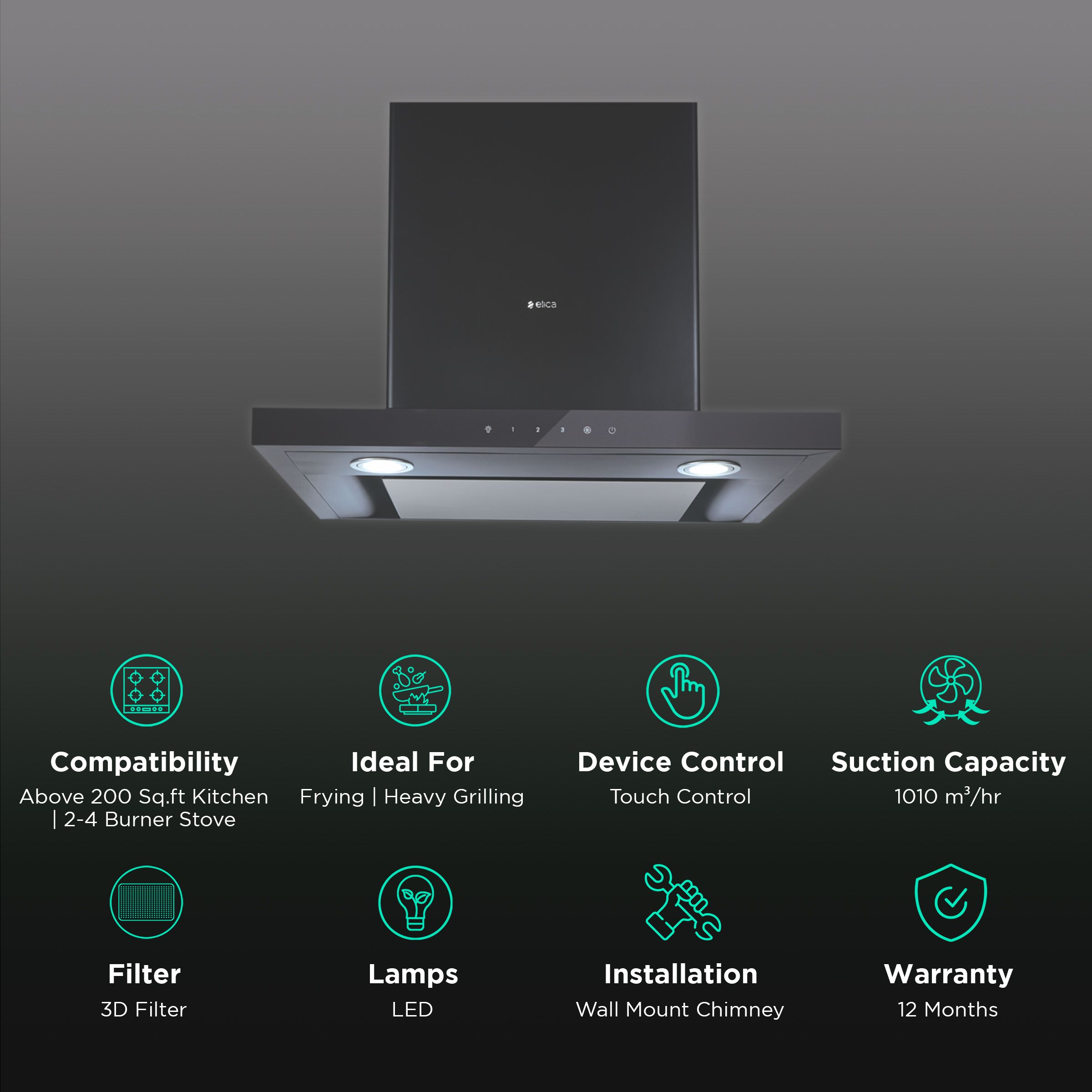 elica SPOT H4 EDS 60 NERO T4V LED 60cm 1010m3/hr Ducted Wall Mounted Chimney with Touch Control (Black) elica SPOT H4 EDS 60 NERO T4V LED 60cm 1010m3/hr Ducted Wall Mounted Chimney with Touch Control (Black)_3